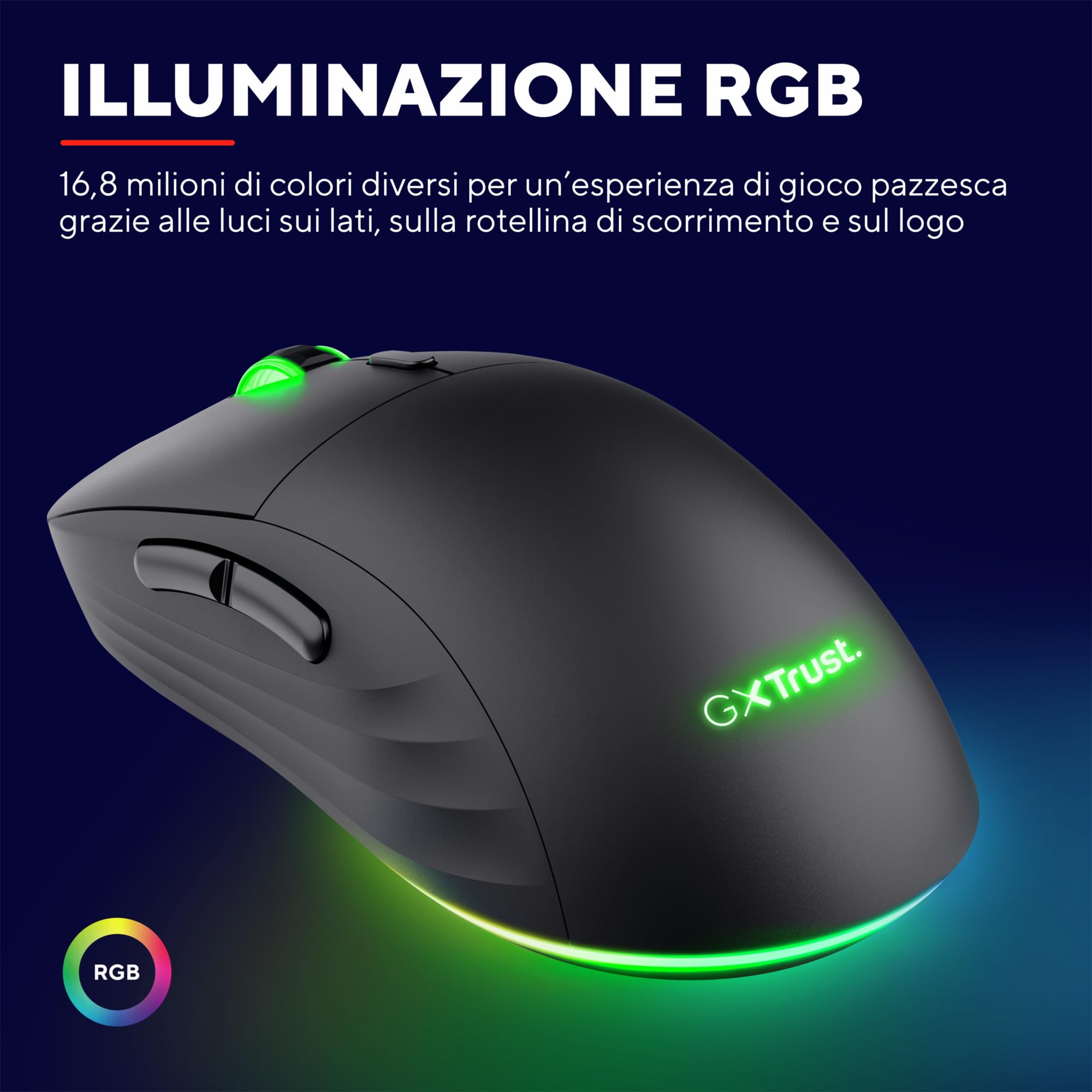 GXTrust Redex+ Mouse Gaming Wireless 25K DPI, 2.4GHz, Kailh Switches, Nero | 94 Ore di Autonomia, 6 Pulsanti Programmabili, Ricaricabile, RGB, per Laptop Computer Portatile