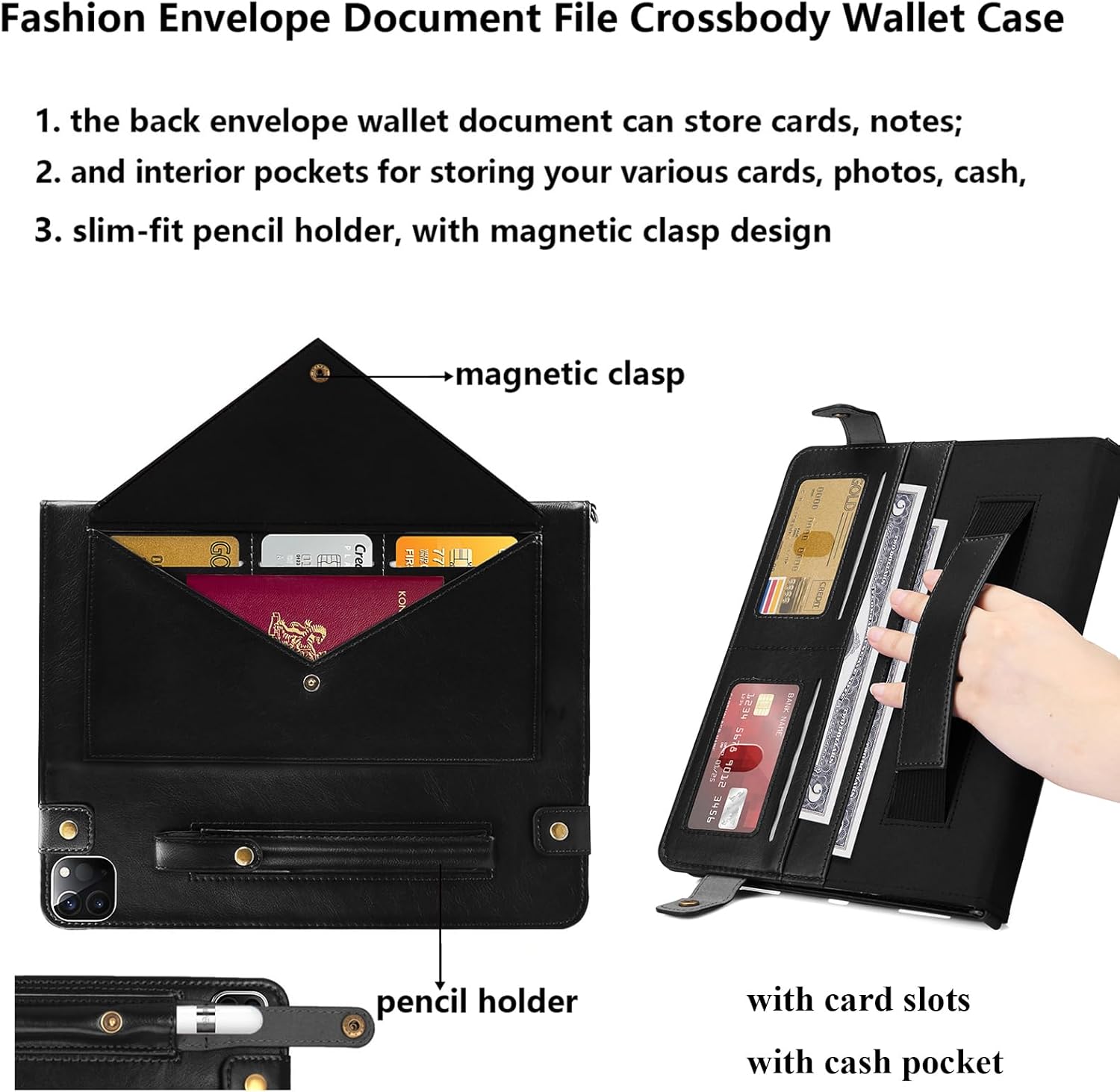 Crossbody Handbag Case for iPad Air 13 inch M3/M2 (2025/2024) with Pencil Holder/Shoulder Strap/Hand Strap/Pockets,Folio Stand PU Leather Carrying Bag Magnetic Wallet Envelope Cover, Black