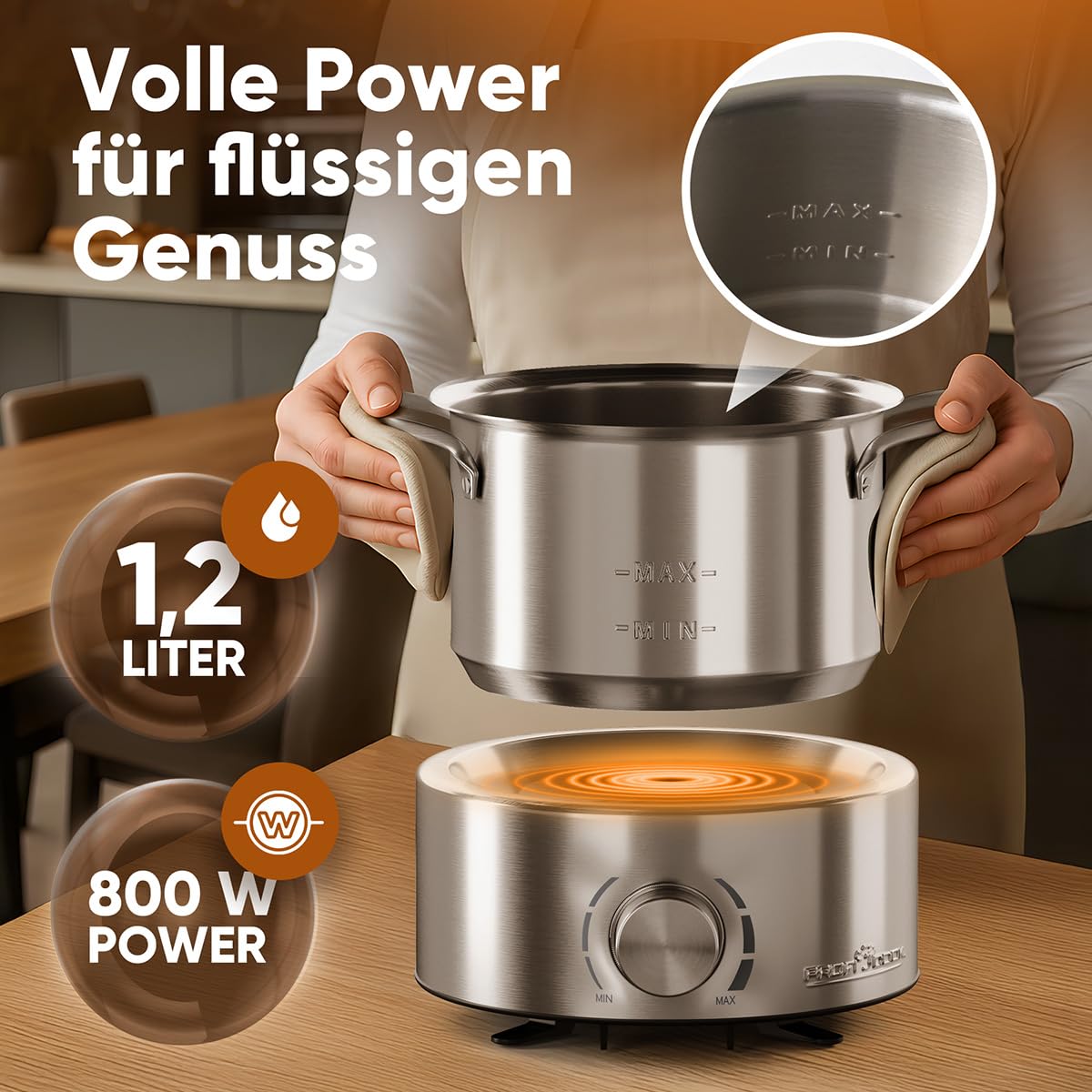 ProfiCook® Fondue elektrisch | für Öl-Fondue, Schokofondue und Käsefondue | inkl. 8 Fonduegabeln | 1,2 Liter | für bis zu 8 Personen | Fondueset Edelstahl | 800W | PC FD 1288