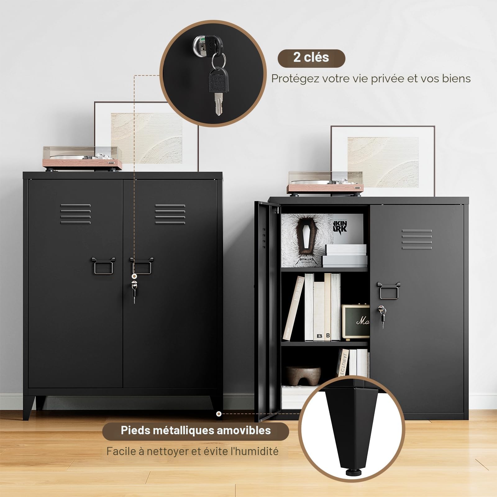 Sightlife Noire Armoires de Bureau,Placard Polyvalent, Meuble de Rangement en Acier, Bureau, Maison, école, Cuisine, Garage, Armoire Murale à Outils, 2 Portes 90 x 80 x 40 cm