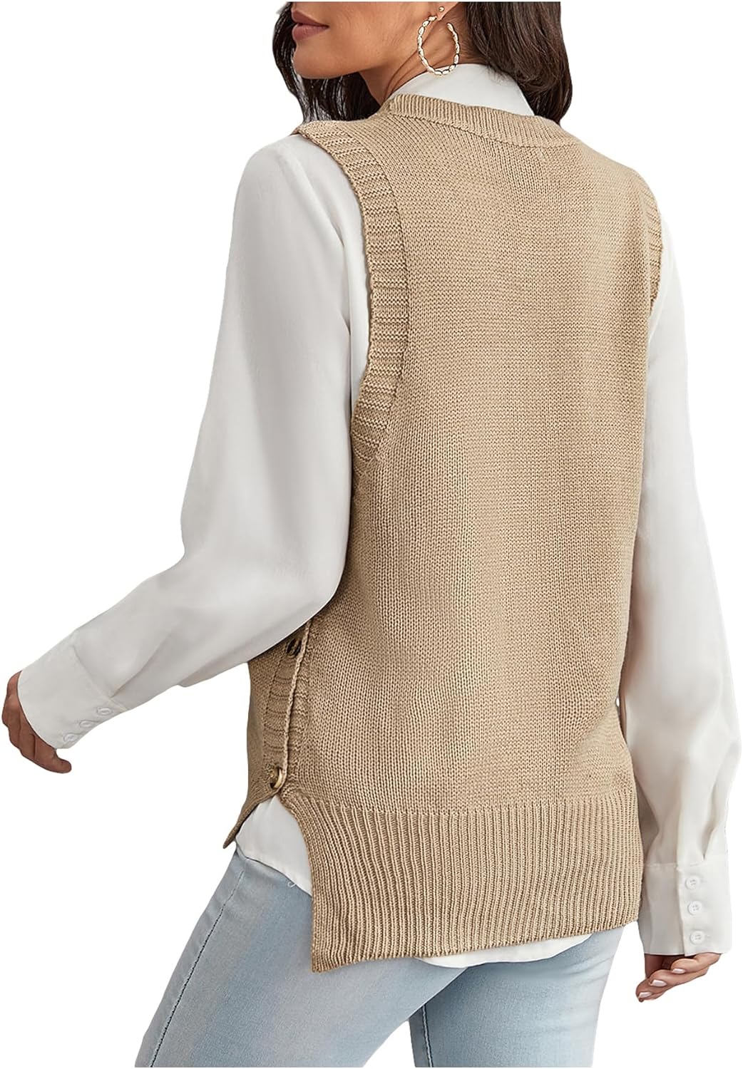 OYOANGLE Women's Button Side Sweater Vest Crew Neck Sleeveless Dressy Knitted Pullover Tops - Image 4