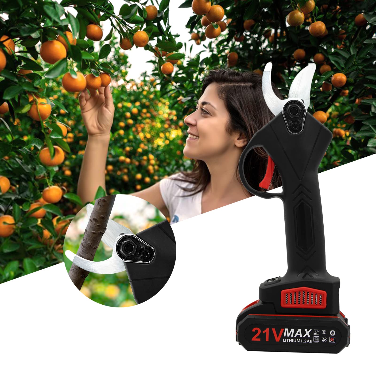 Tijera de Podar Electricas Profesional 30 mm Geevorks 21V Tijeras de Podar a Batería Li-Ion(2 * 2000mAh) Carga Rápida Diseño Antideslizante Cortador Eléctrico Ramas Inalámbrico para Jardinería