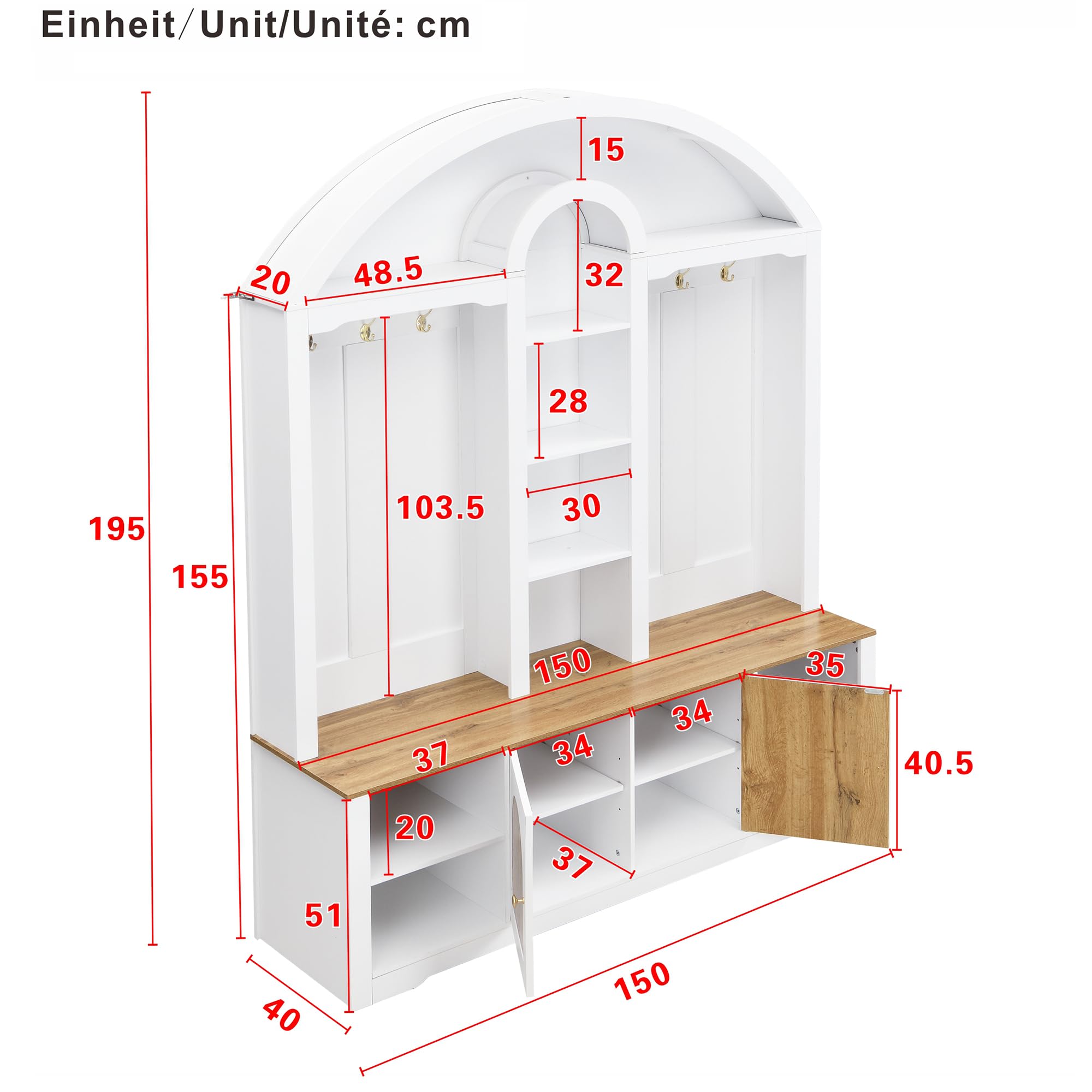 SUKY Armadio multifunzionale, ingresso con scarpiera, ripiani e ganci. Armadio guardaroba dal design moderno e pratico spazio, 150 x 40 x 195 cm (bianco)