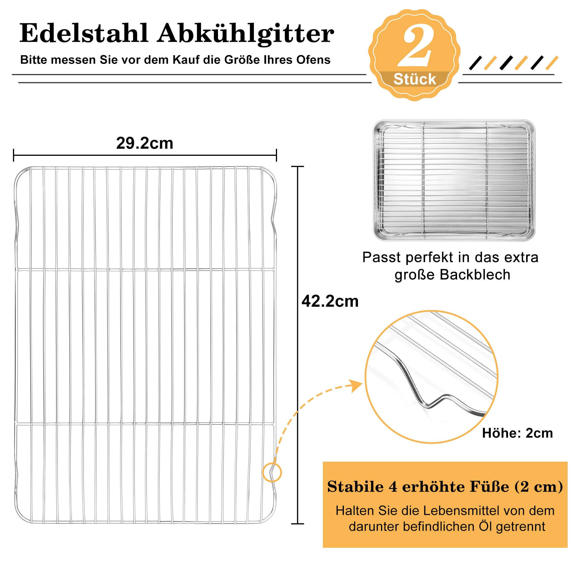 HaWare Lot de 2 grilles de refroidissement en acier inoxydable 42 x 29,2 x 2 cm rectangulaires
