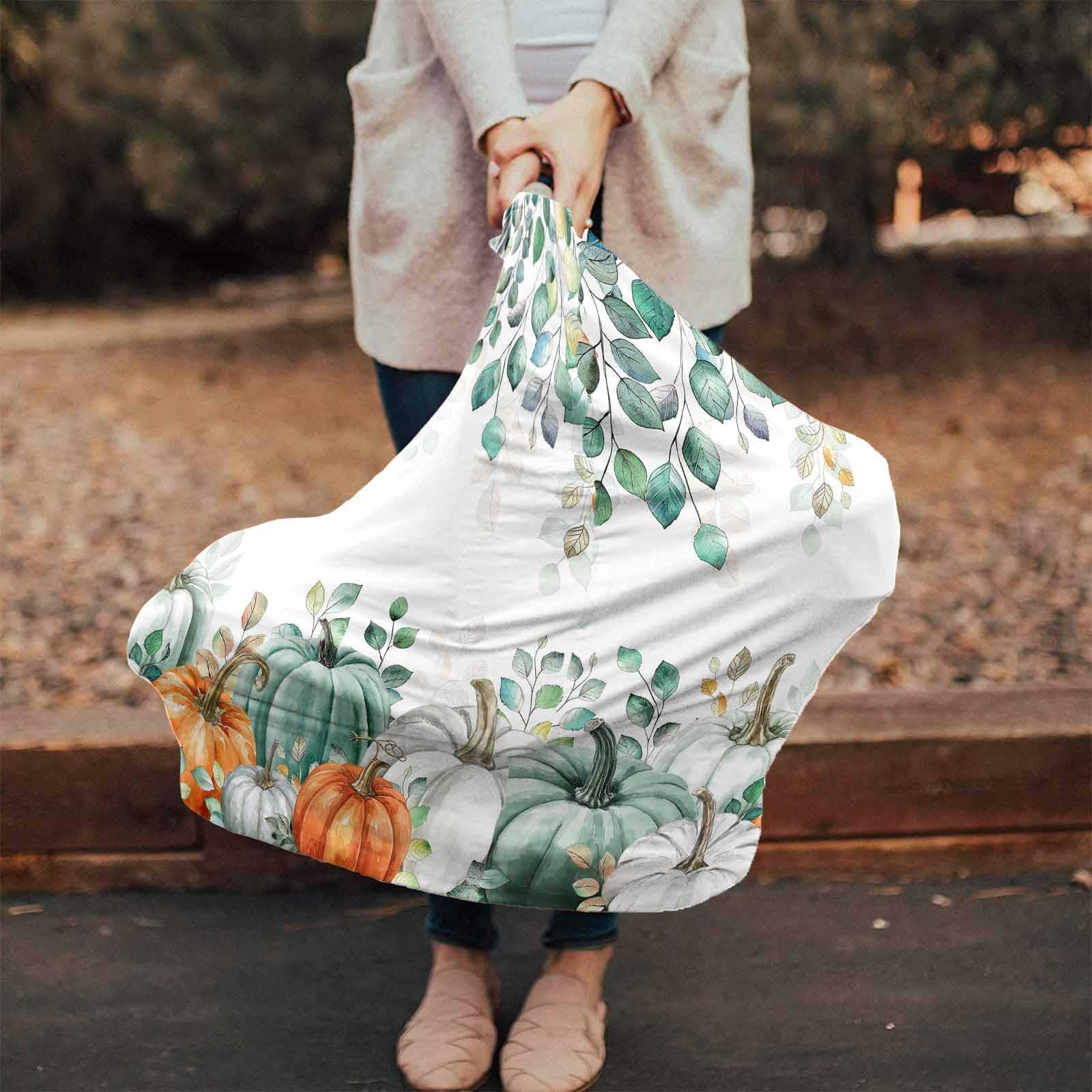 Nursing Cover for Breastfeeding Scarf, Green Eucalyptus Leaves White Pumpkins Fall Baby Car Covers Super Soft Multi Use for Canopy Shopping Cart Cover Blanket Stroller Cover