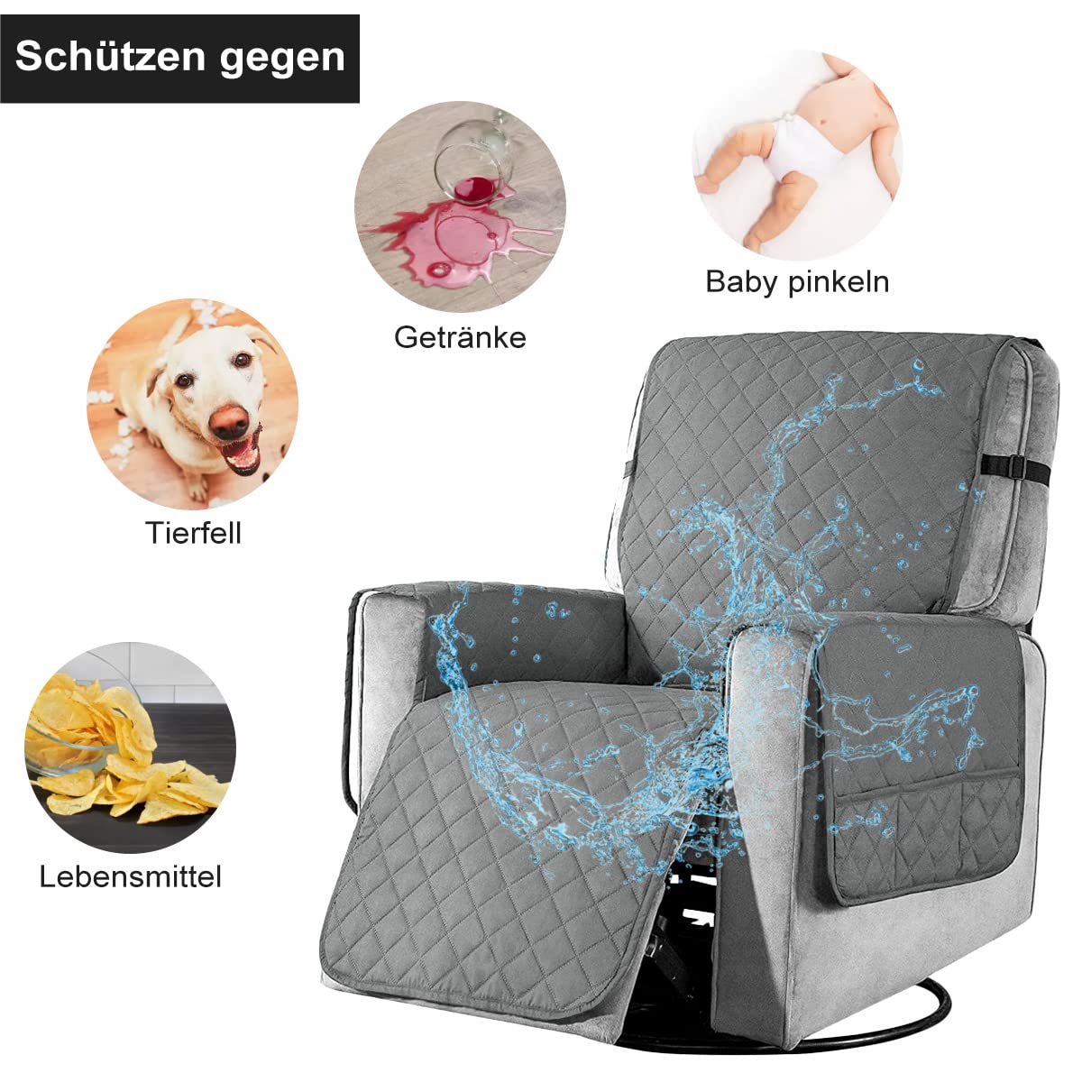 Copripoltrona Reclinabile Fodere per Poltrone Reclinabili Impermeabili 1 Posto Copertura Salvadivano per Poltrona Antiscivolo per Casa con Bambini e Animali Domestici Cane-Piccolo（Grigio Chiaro）