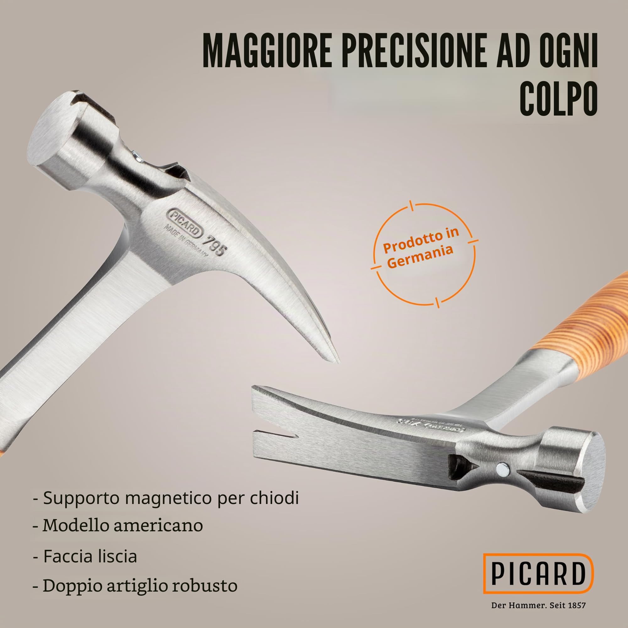 PICARD Martello da carpentiere n. 795 | Martello carpentiere in acciaio pieno con doppia leva | Hammer professionale in acciaio speciale | Impugnatura in pelle | Alta precisione e durata