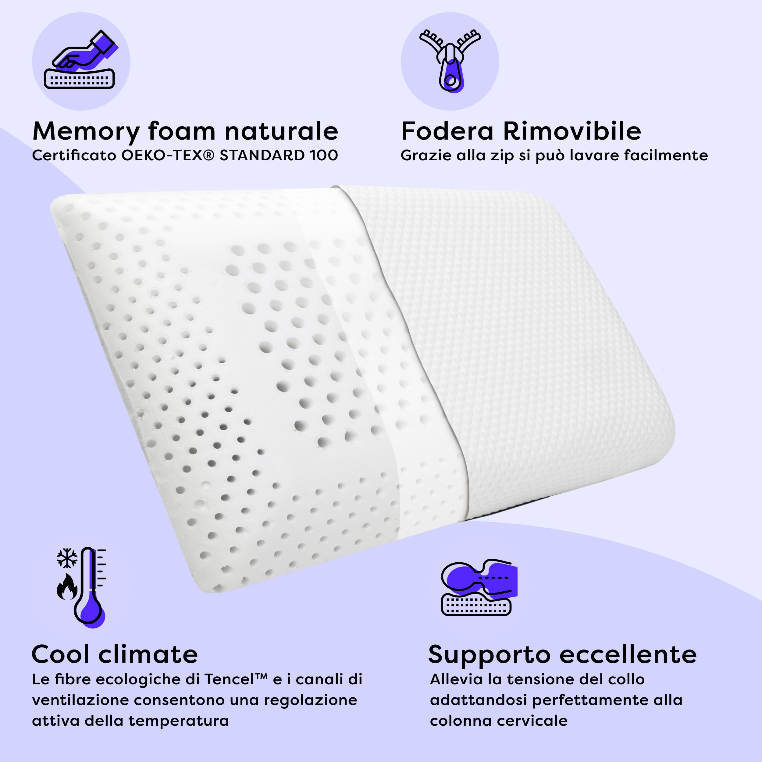 Wolkenfeld Cuscino Memory Foam Ergonomico 70x40x12 - Cuscino Letto traspirante e comodo - Supporto Ottimale per Collo, Schiena e Spalle - Fibra Tencel - Certificato OEKO-TEX