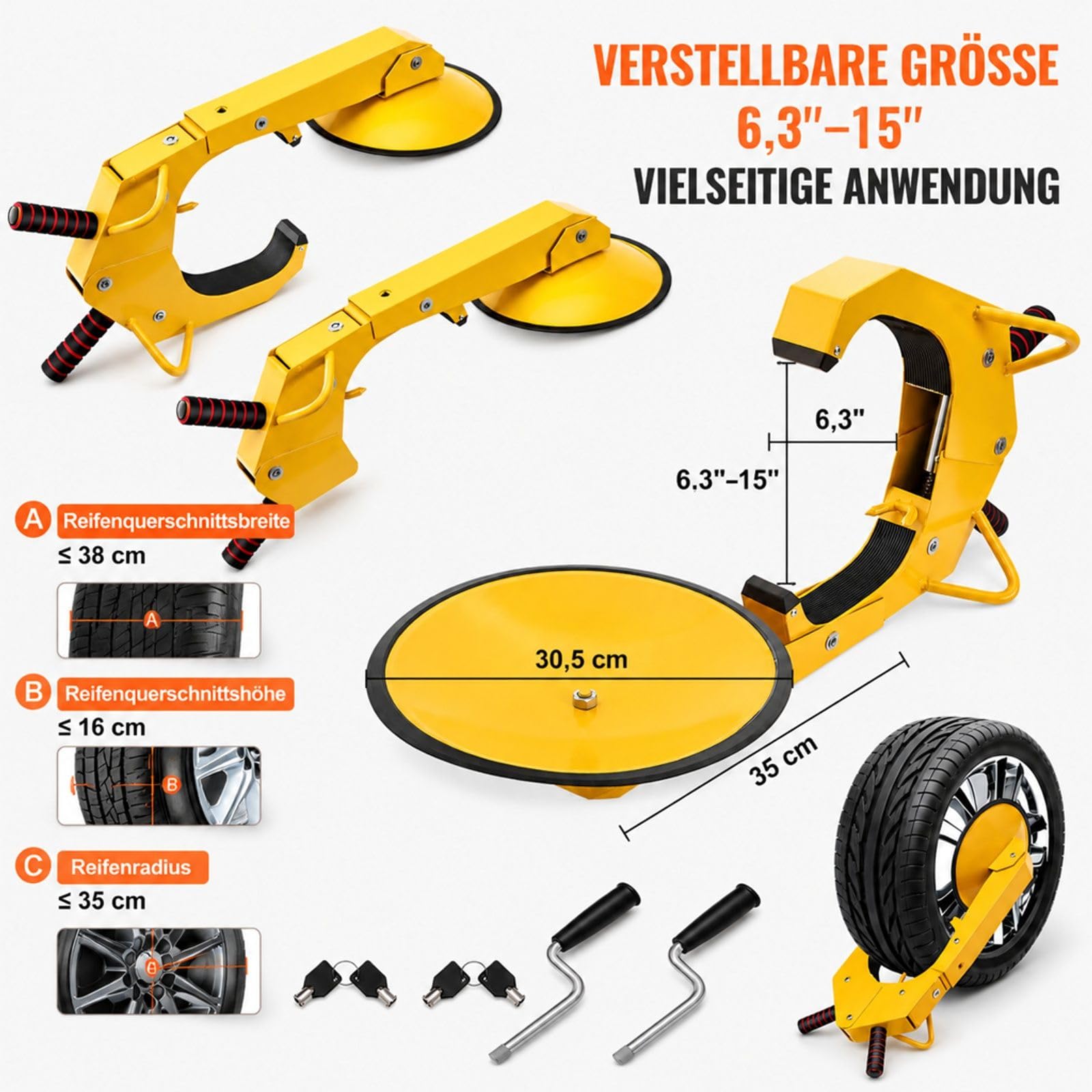 2er Set gelbe Radkrallen aus Q235 Stahl mit Saugnapf und Schlüsseln für Auto Anhänger Lkw SUV Camper Boot