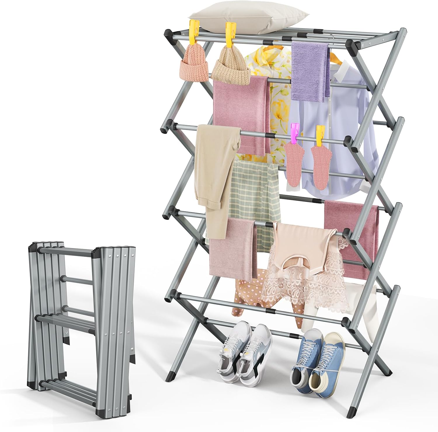4-Tier Foldable Clothes Drying Rack, Heavy Duty Stainless Steel Laundry Drying Rack, Holds Up to 60 lbs, No Assembly Required, Space-Saving for Apartments, RVs & Dorms, Gray