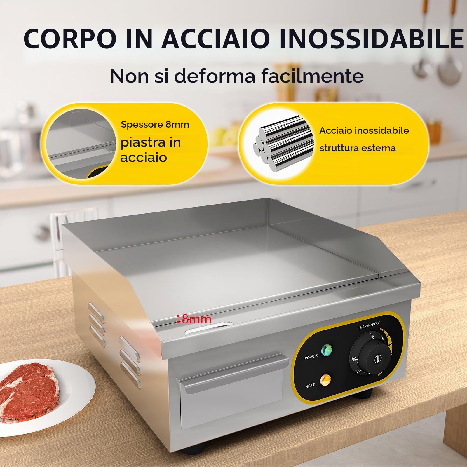 Piastra Griglia elettrica commerciale in acciaio inossidabile per ristoranti luoghi pubblici e barbecue 1500 W 35.50CM con controllo della temperatura regolabile 50~300 ℃