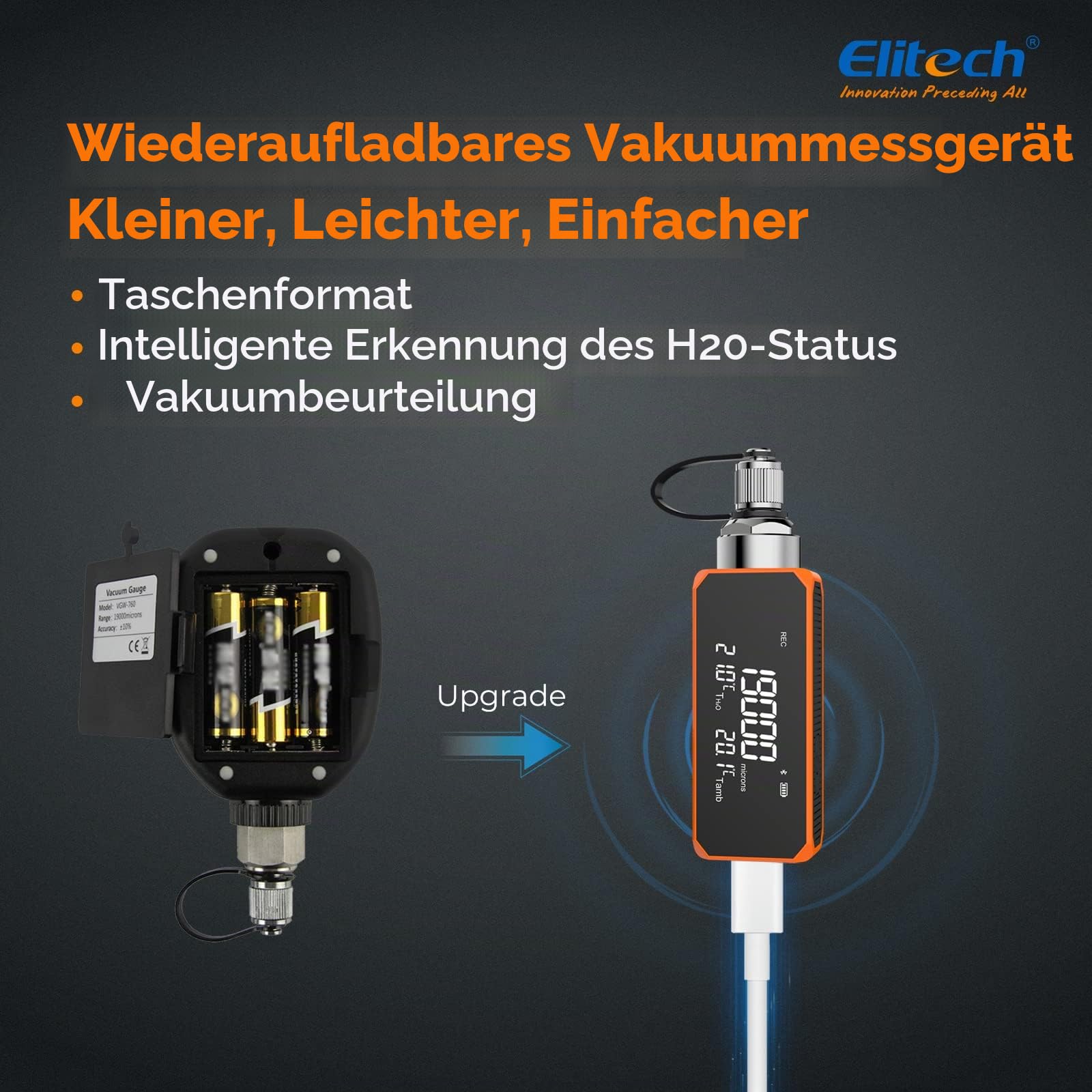Elitech Digitales HVAC Vakuummessgerät, App-Unterstützung, Offline-Aufzeichnung mit Berichterstellung - Ideal für Klimaanlagen, Autos, Wärmepumpen.