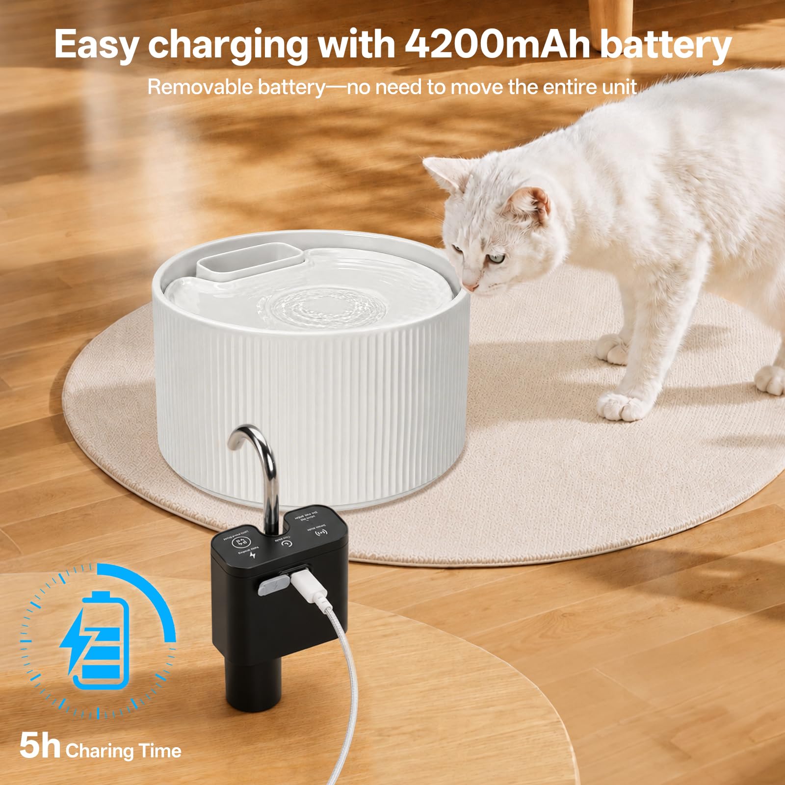 Fuente para gatos inalámbrica de cerámica, 2,2 L, fuente silenciosa para gatos, detector de movimiento, dispensador automático de agua para gatos y perros con sistema de filtro, batería de 4200 mAh