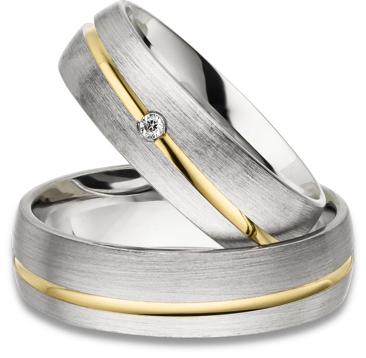 Kolibri Rings Eheringe Set Paarpreis | 925 Silber Gelb Vergoldet mit Zirkonia | Made in Germany: Damenring + Herrenring 5,5 mm Längsmatt + Gratis Gravur & Etui