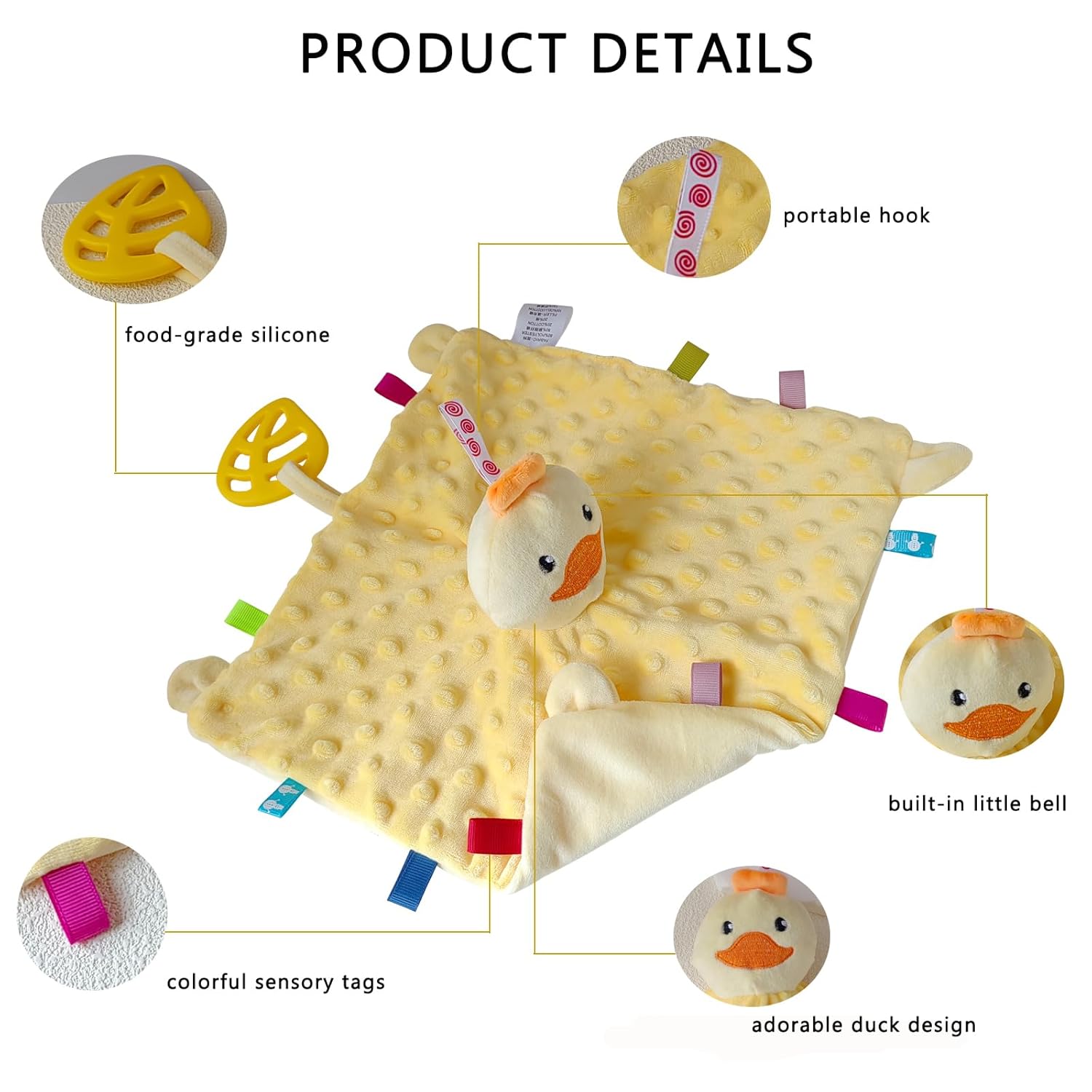 Yellow Duck Security Blanket with Tags Loveys for Babies 11" Soft Baby Taggy Blanket Minky Dot Snuggle Toy Stuffed Animal Blankie Lovies Gifts for Newborn Infant and Toddler - Image 7