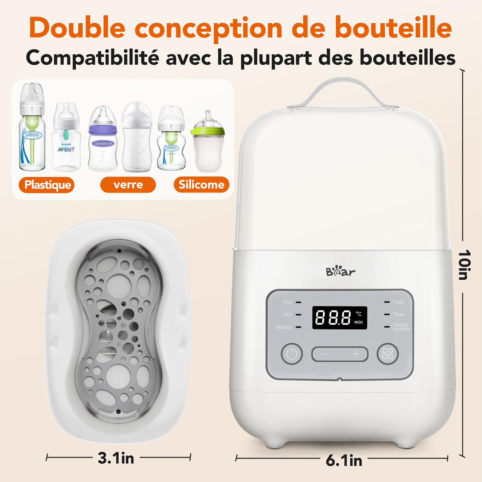 Bear 6-In-1 Chauffe Biberon,Sterilisation Biberon, Double Tasse，Chauffage 24 Heures, Chauffage/Décongélation Des Aliments, Rapide 3-7 Minutes，Stérilisation À La Vapeur À Haute Température 99.99%