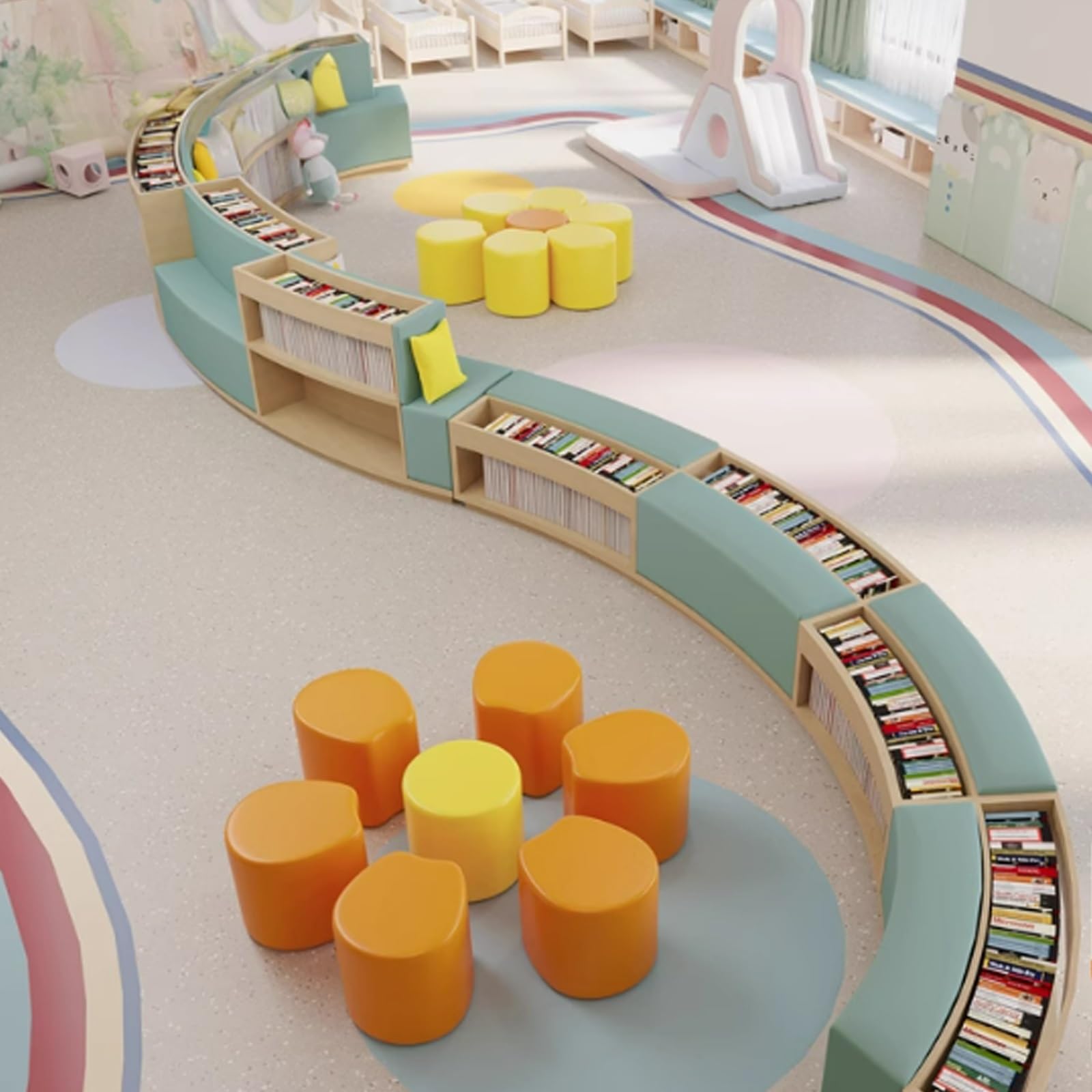 Curved Bookshelf and Sofa Set,Multifunctional Stool Combination,for Training Institution Kindergarten Reading Area Library Rest(B)