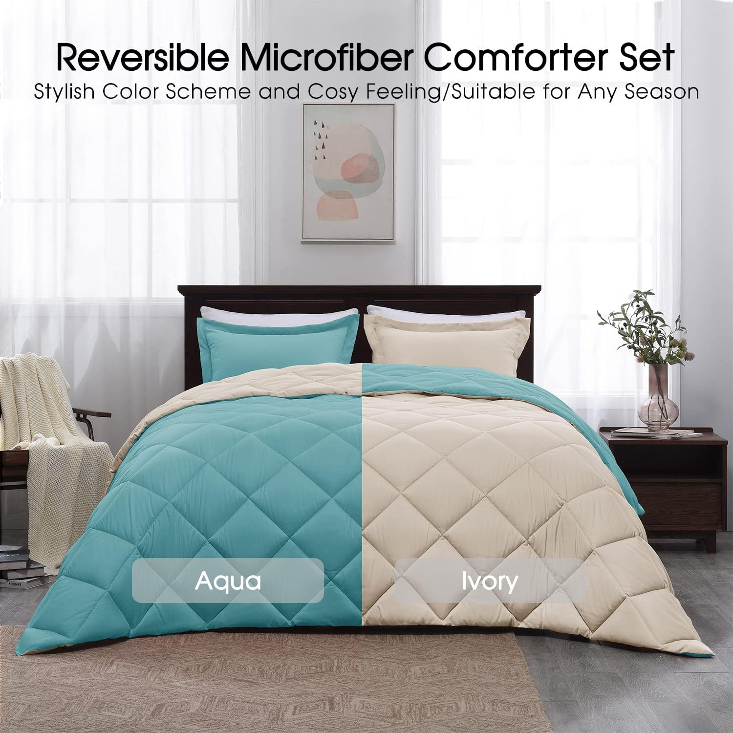 Basic Beyond King Size Comforter Set Reversible Down Alternative Aqua Blue Comforter Set King 3 Pieces Bed Comforter with 2 Pillow Shams for All Season (Aqua Blue/Ivory)