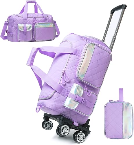 Rolling Duffle Bag with Wheels Women Travel Bag with Wheels Weekender Bags for Women with Toiletry Bag, Purple, 20" x 11" x 9"