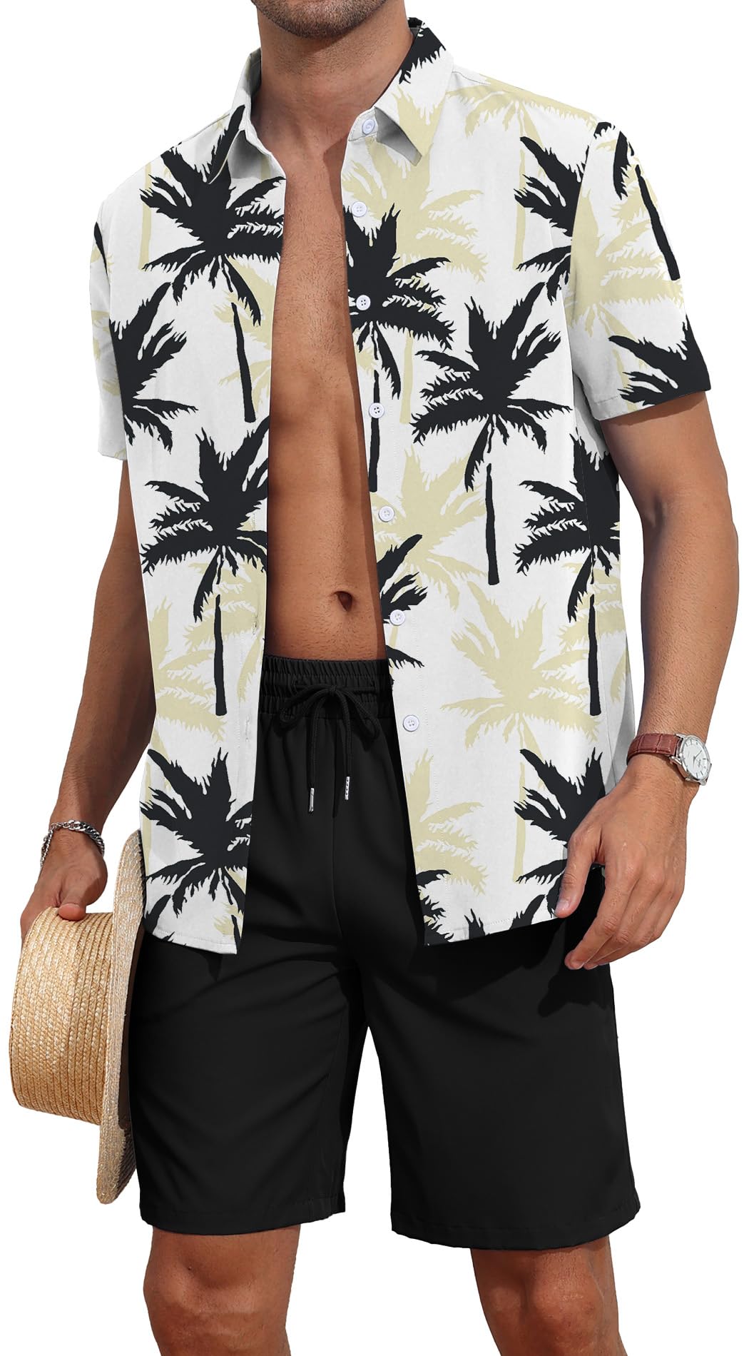 YTD Men's 2 Piece Outfits Tropical Print Short Sleeve Button Down Hawaiian Shirt and Beach Shorts Set