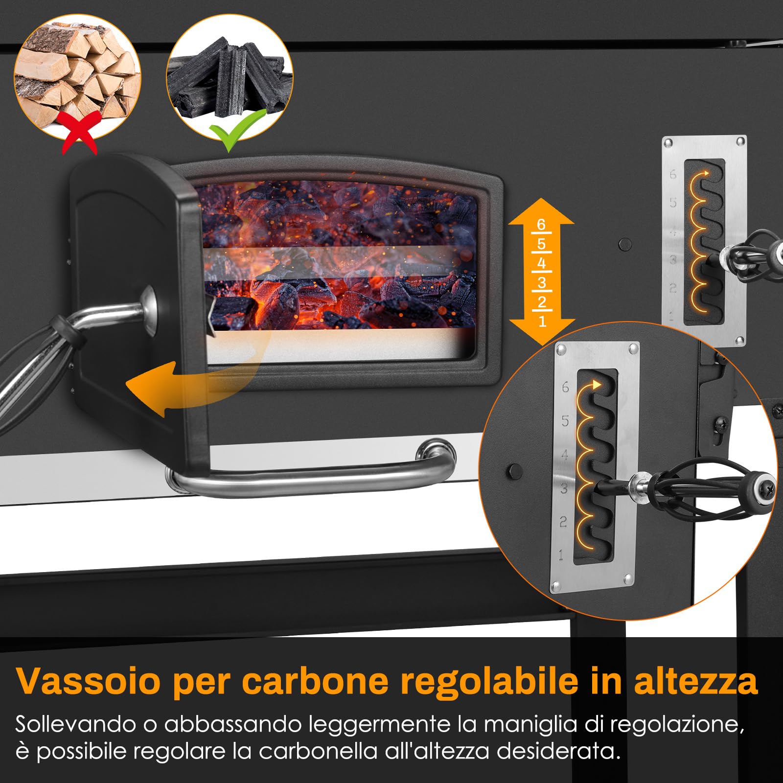LIFERUN Barbecue a Carbonella XXL, Griglia per Barbecue con Camino e Coperchio, con Termometro e 2PCS Ruotes, Altezza Regolabile, Grande BBQ Smoker per Giardino, Campeggio