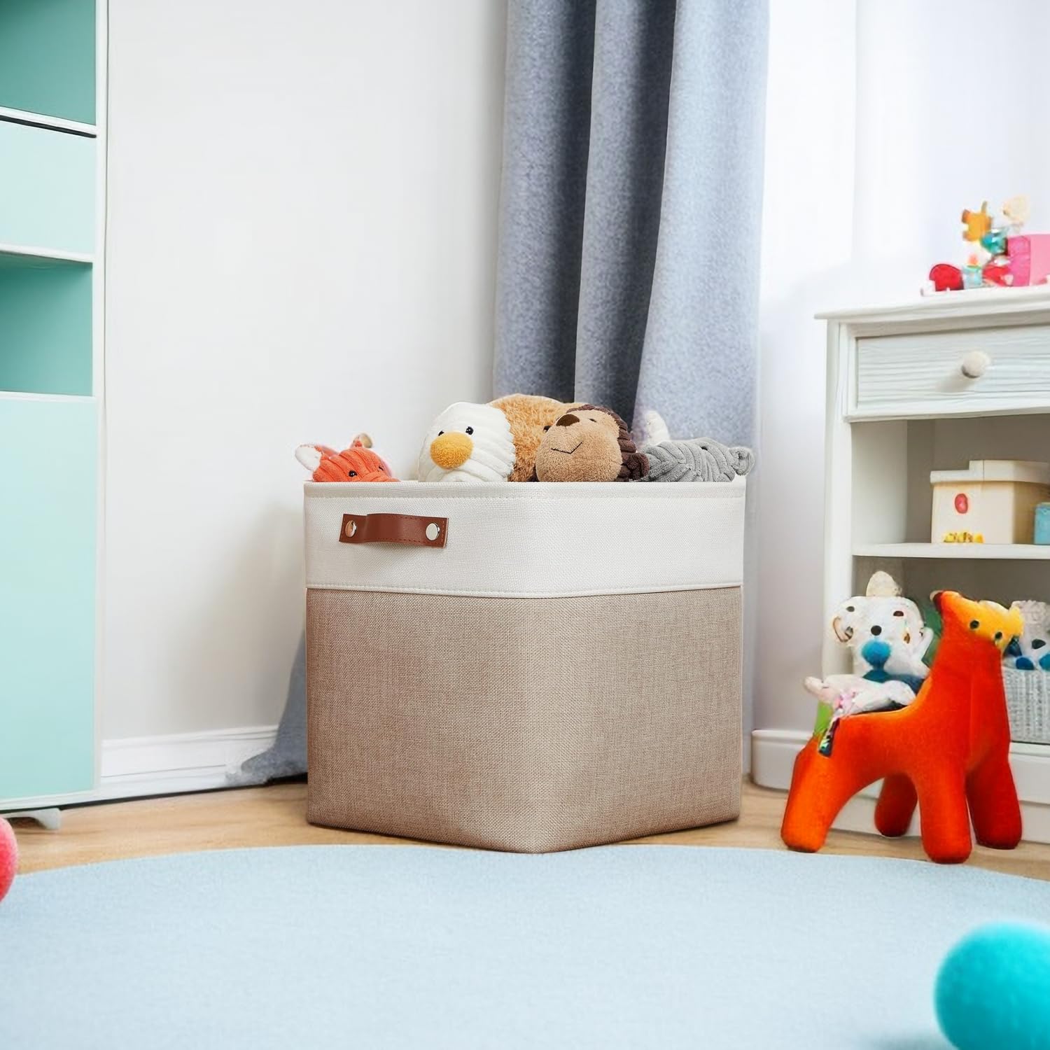 Lot de 4 Boîtes de Rangement en Tissu, 30x30x30cm, Avec Poignée en Cuir Synthétique pour Étagère Cube, Étagères, Penderie, Kaki et Blanc
