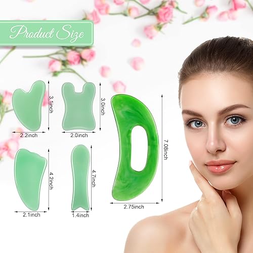 Miniatura 2 de Treela Juego de 5 herramientas faciales Gua Sha y 1 herramienta de masaje corporal Gua Sha con mango para cara, espalda, cuello, piernas, raspado