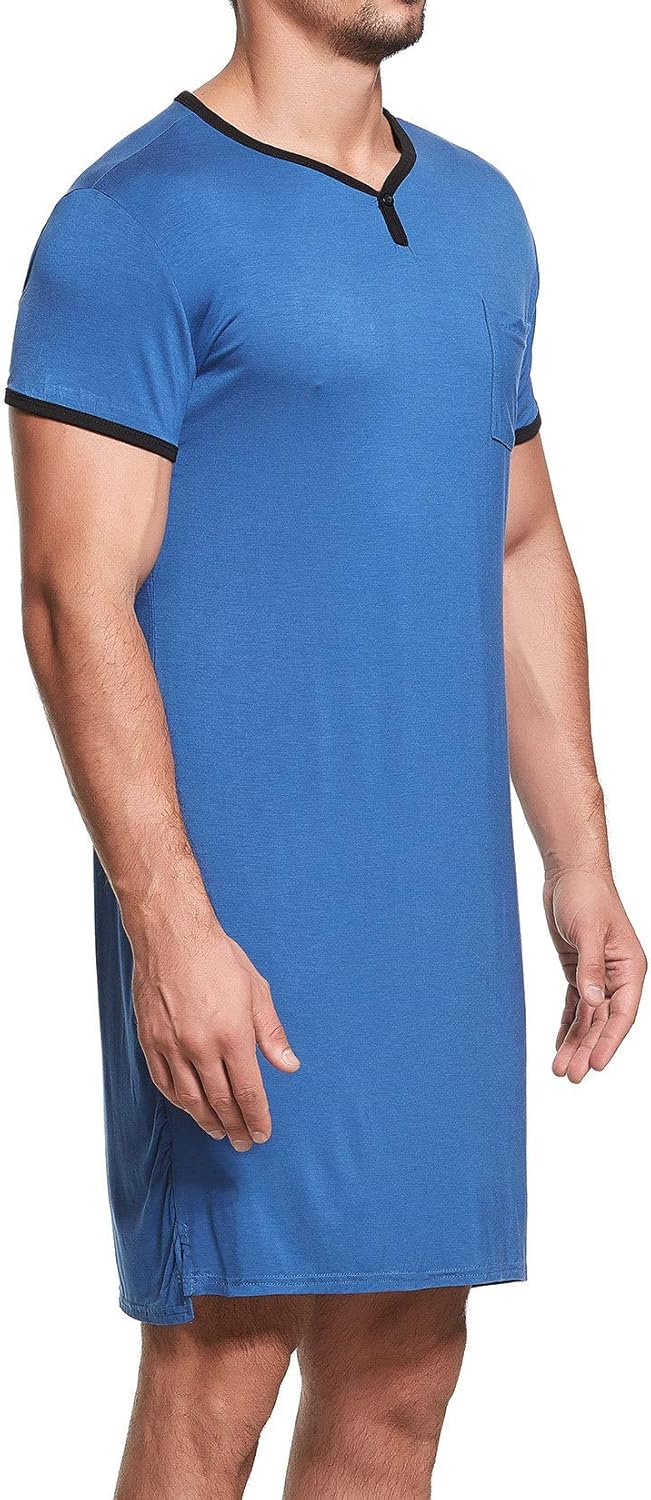 Lu's Chic Men's Nightshirt Short Sleeve Nightgown Henley Sleep Gowns Nightwear for Sleeping - Image 3