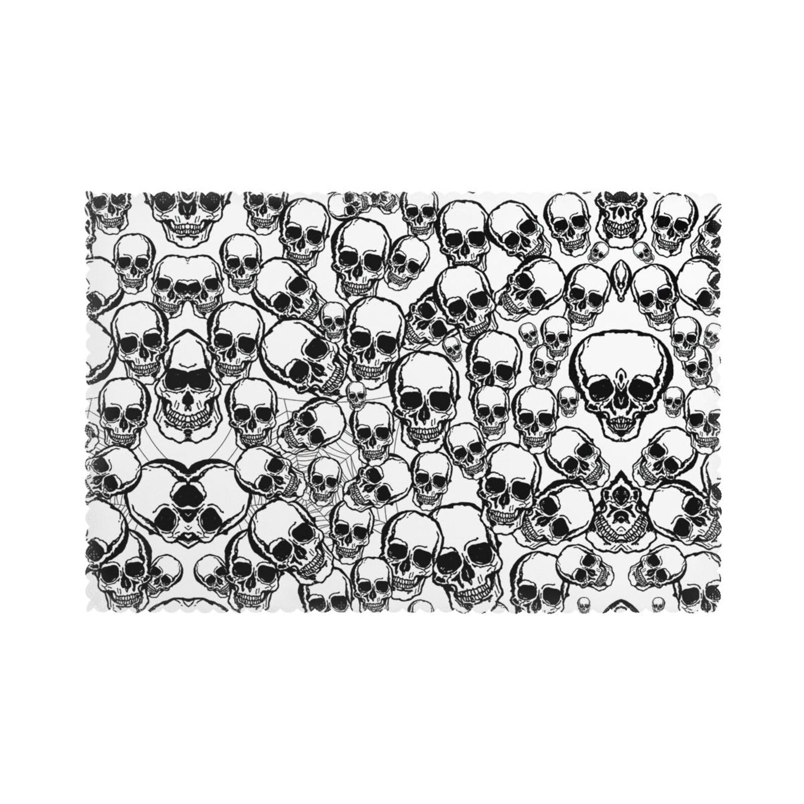 Black And White Skulls Pattern Print Placemats Set Of 6, 12x18 Inch Polyester Washable Heat Resistant Kitchen Dining Table Mats