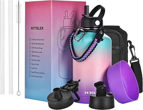 Botella de agua aislada de 64 onzas con asa de paracaídas, bolsa de transporte y funda de silicona, jarra aislada de acero inoxidable de doble pared