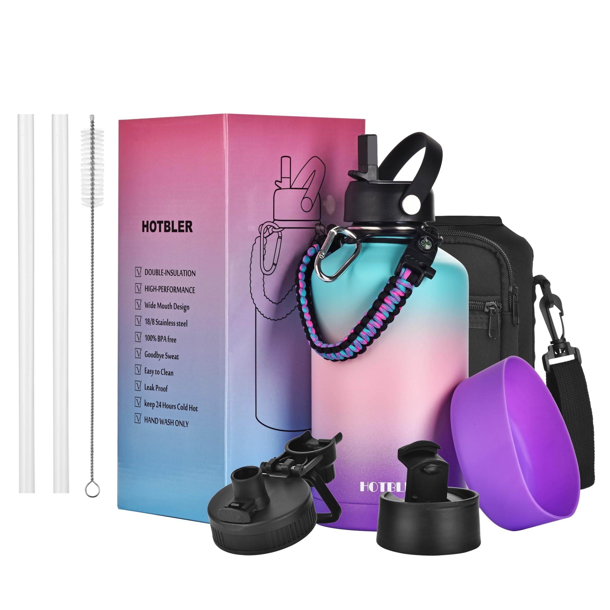 64oz Insulated Water Bottle with Paracord Handle &Carrier Bag &Silicone Boot,Half Gallon Double Wall Vacuum Stainless Steel Insulated Jug with Sleeve,