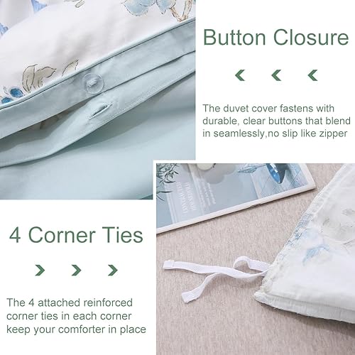 Miniatura 4 de URBONUR Juego de funda de edredón para niños, tamaño individual, algodón, 3 piezas, flores verdes y mariposas, estampado de flores verdes y mariposas