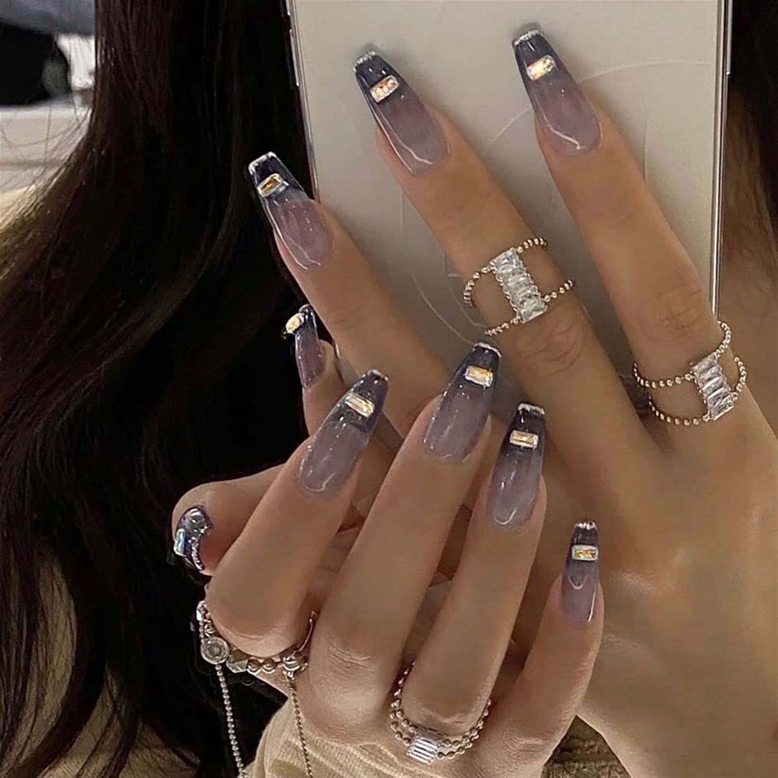 24pcs Press On Nail Medio Lungo Staccabile Jelly Gradient con Design Unghie finte Ballerina indossabile Unghie finte Copertura Completa Nail Tips per Le Donne Nails Art