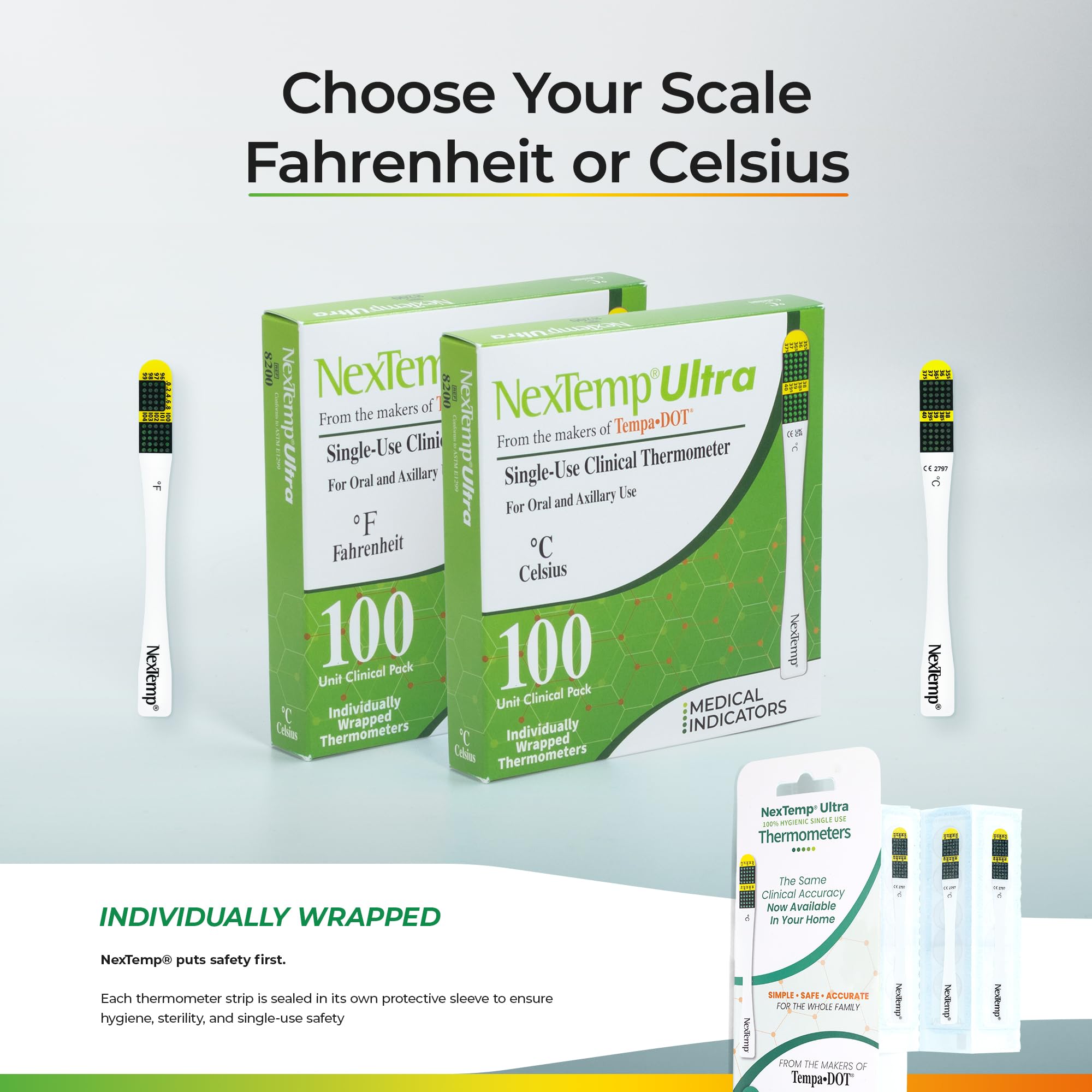 NexTemp Ultra 100 unidades – Celsius – Termómetro de un solo uso, envuelto individualmente – Precisión superior y lo último en control de infecciones – Retención de señal extendida de 1 minuto