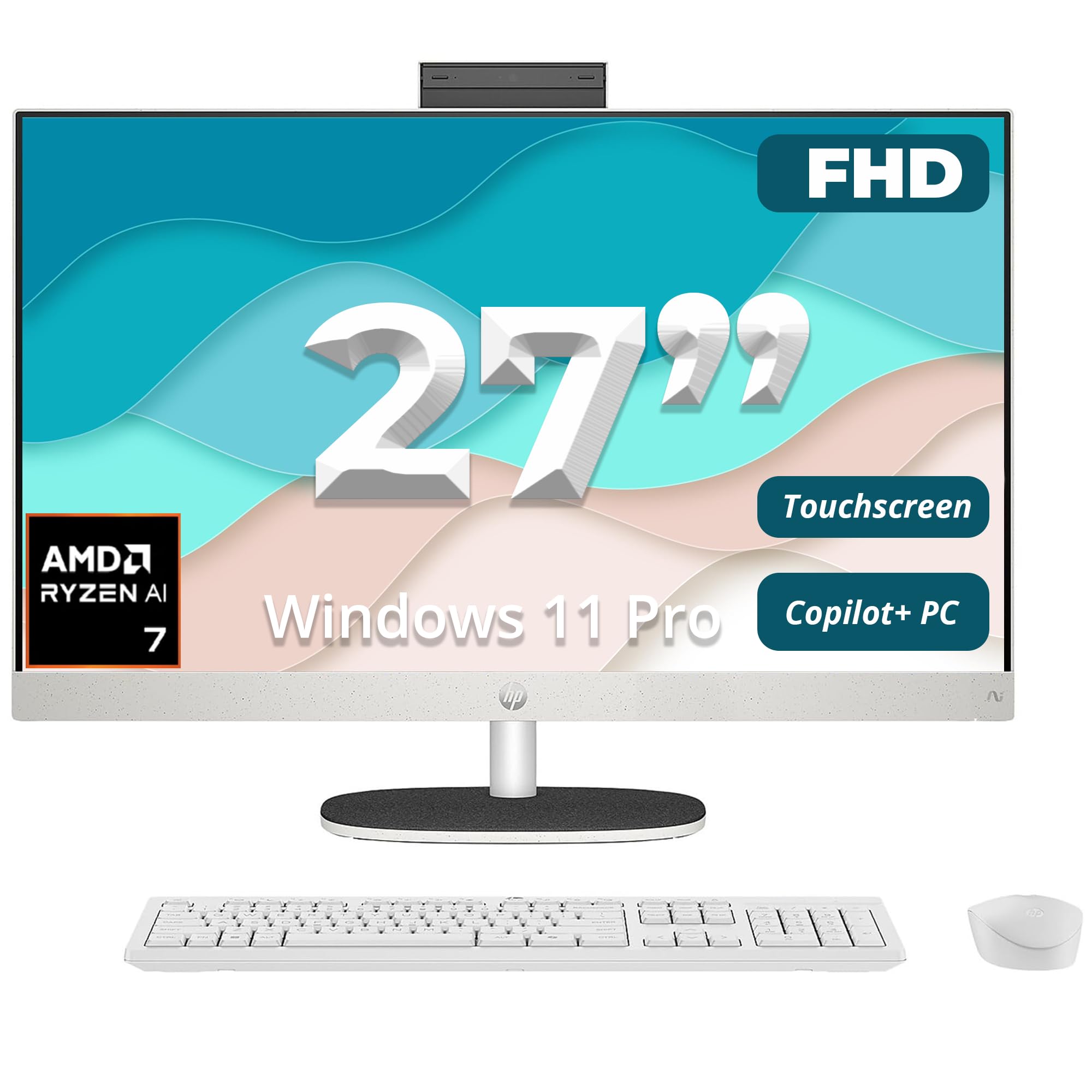 HP 27" All-in-One Touchscreen Desktop PC for Home Office & Digital Creators — AMD Ryzen AI 7 350 (50 NPU Tops), 32GB DDR5, 2TB SSD, Radeon 860M Graphics, Shell White, Windows 11 Pro 32 GB 2 TB