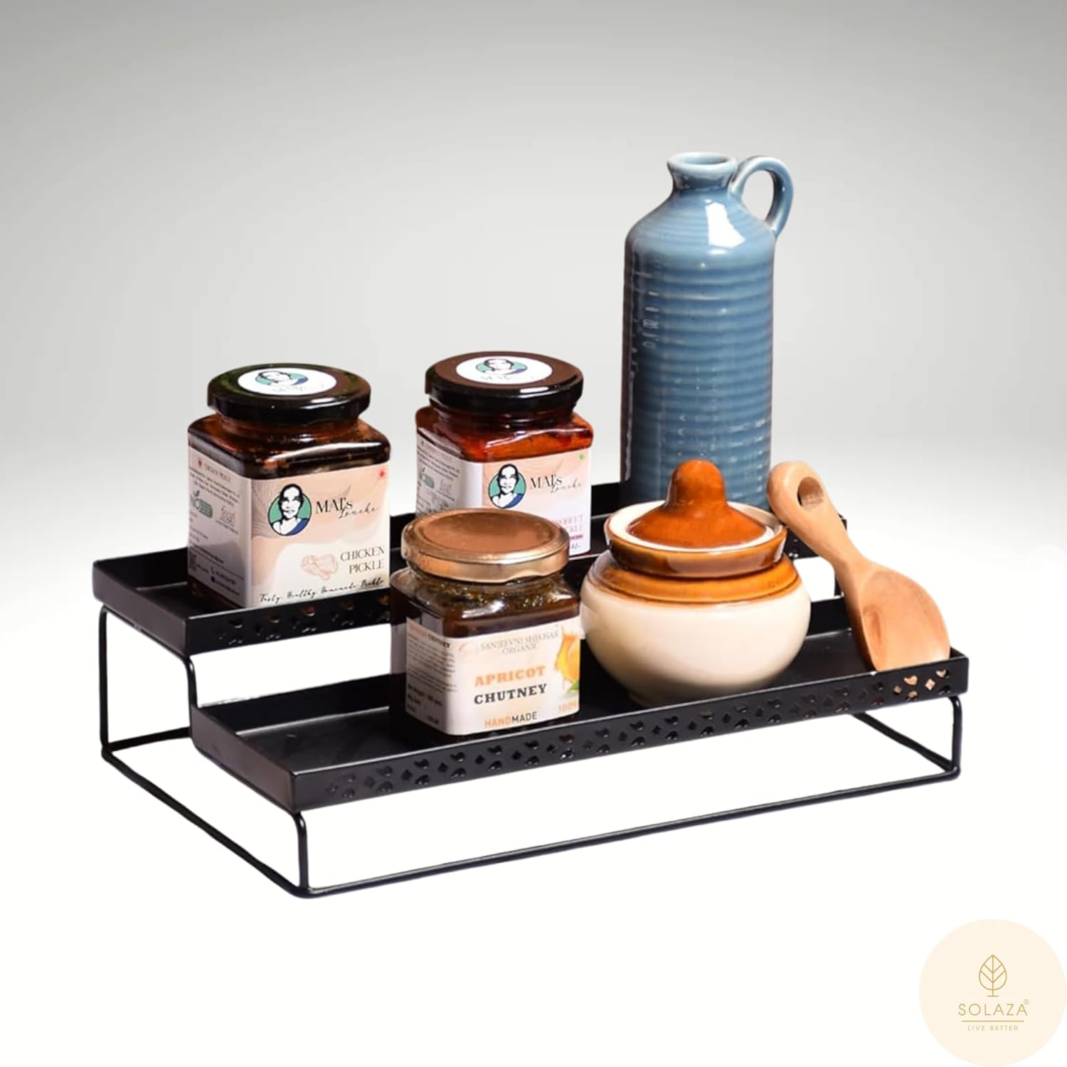 SOLAZA® 2-Tier Metal Multipurpose Rack – Kitchen Organizer, Spice Rack, Bathroom Countertop Shelf, Storage Stand for Spice Jars, Utensils, Bottles, Cosmetics – Standing Design (Black)