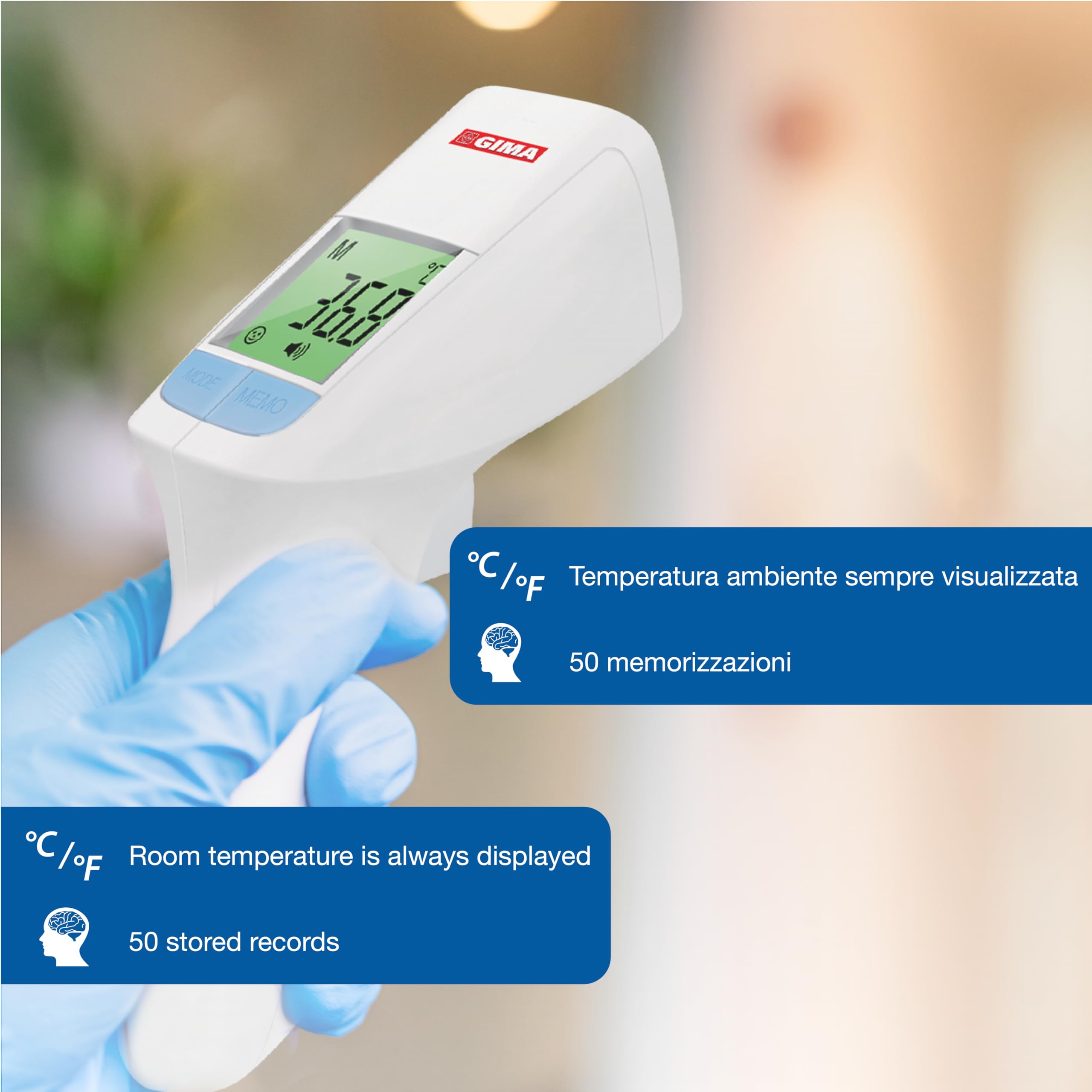 GIMA - GIMATEMP, Termometro Febbre Infrarossi, Termoscanner per Febbre e Termometro Frontale, Senza Contatto, Contact Less, per Corpo e Superfici o Oggetti, per Neonati, Bambini e Adulti, IT,DE,PT,SE