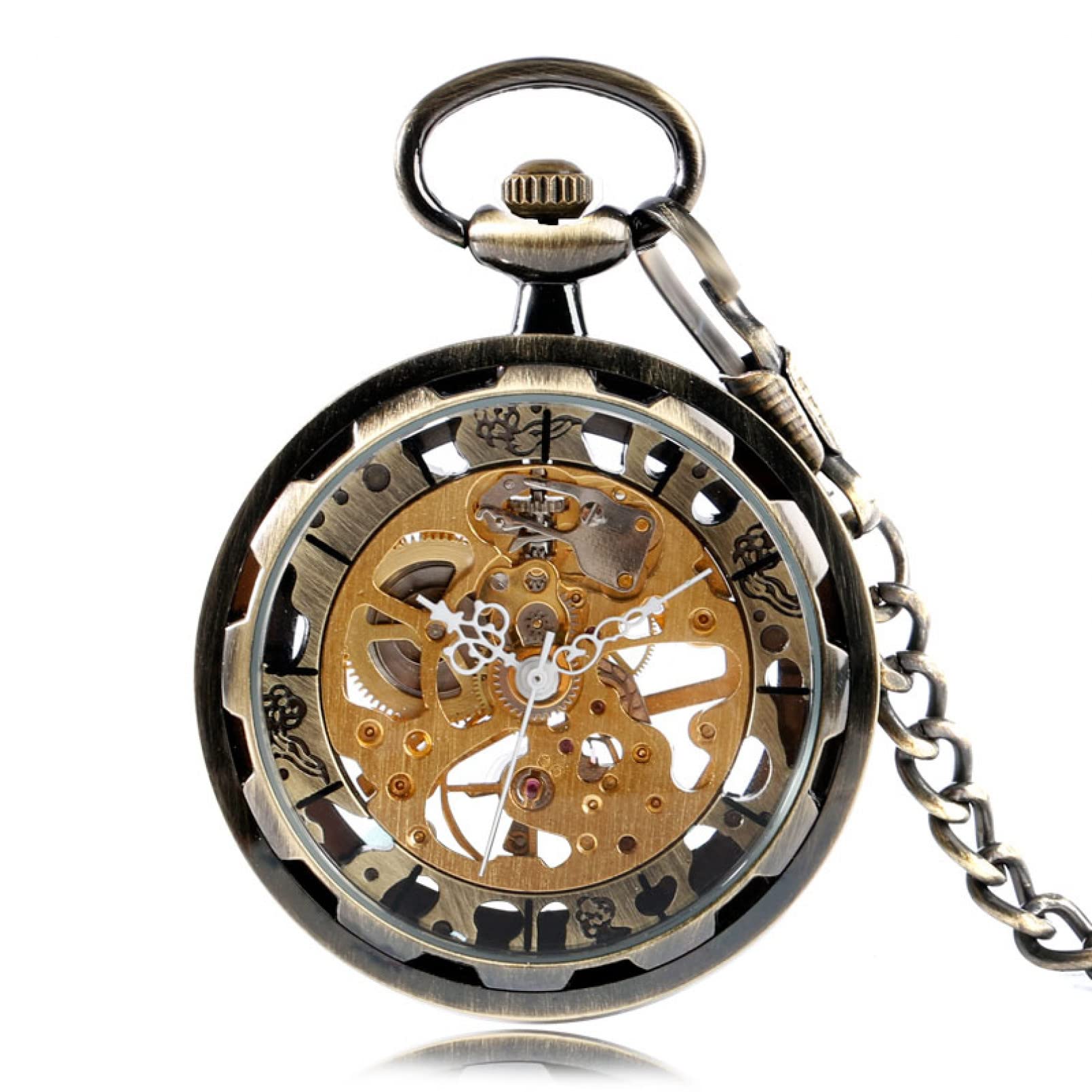 Handaufzug Mechanische Taschenuhren Silber Gold Bronze Balck Anhänger mit Fob Chian