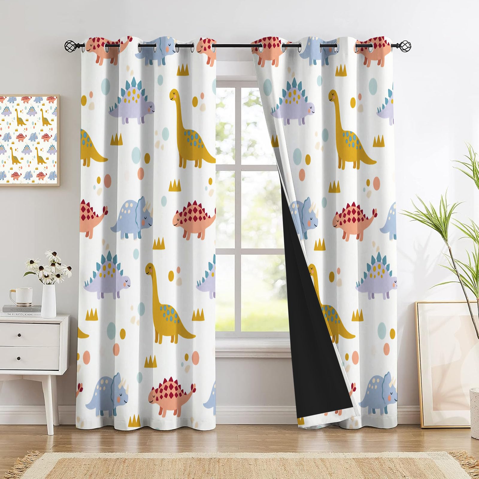 Dinosaure Dessin Animé Rideau Occultant - Animaux Mignons Rideau Thermique, Abricot Rideaux Opaque À Oeillets pour Fenetre Chambre Salon - L110×H215Cm (2 Panneaux)