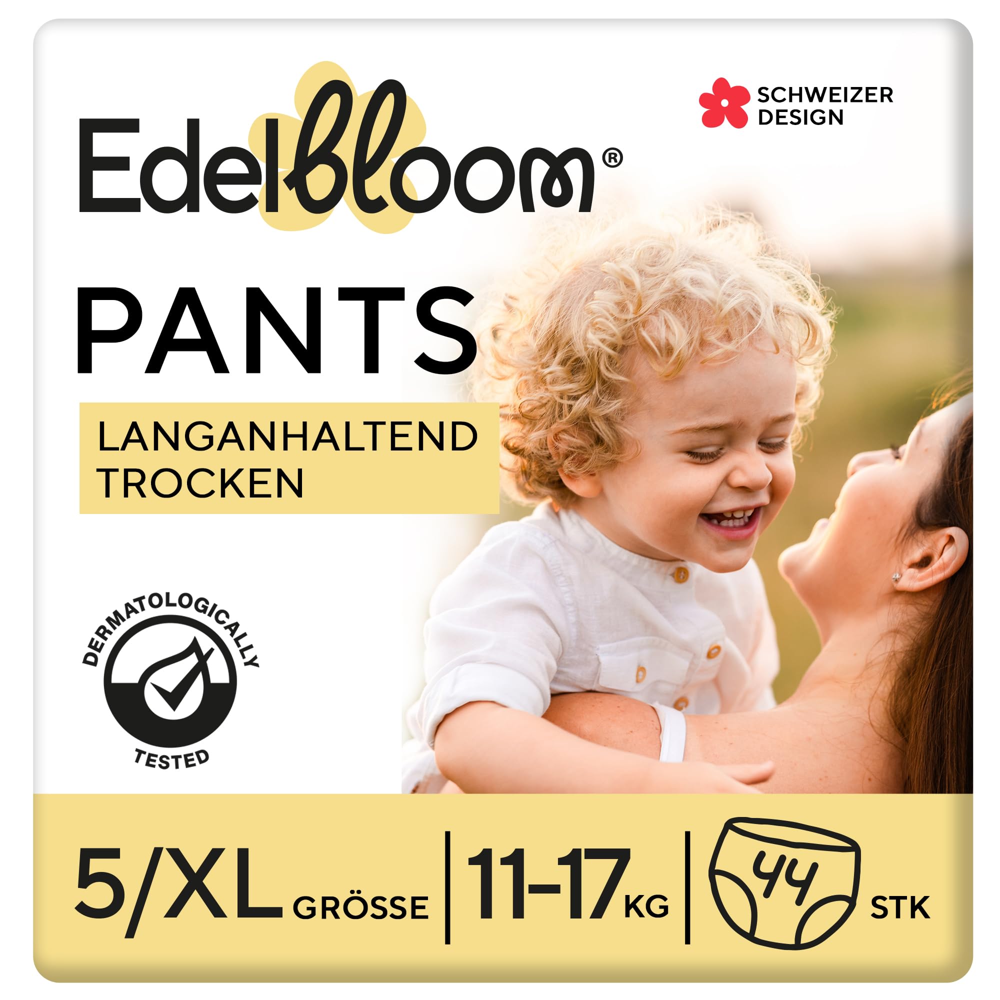 Edelbloom Premium 44 Windelhöschen Größe 5 (11–17 kg), Ultra-Saugfähig & Atmungsaktiv, Hypoallergen, Extra Weich & Sanft für Babys, Dermatologisch Getestet, Sicherer Auslaufschutz, Für Tag & Nacht