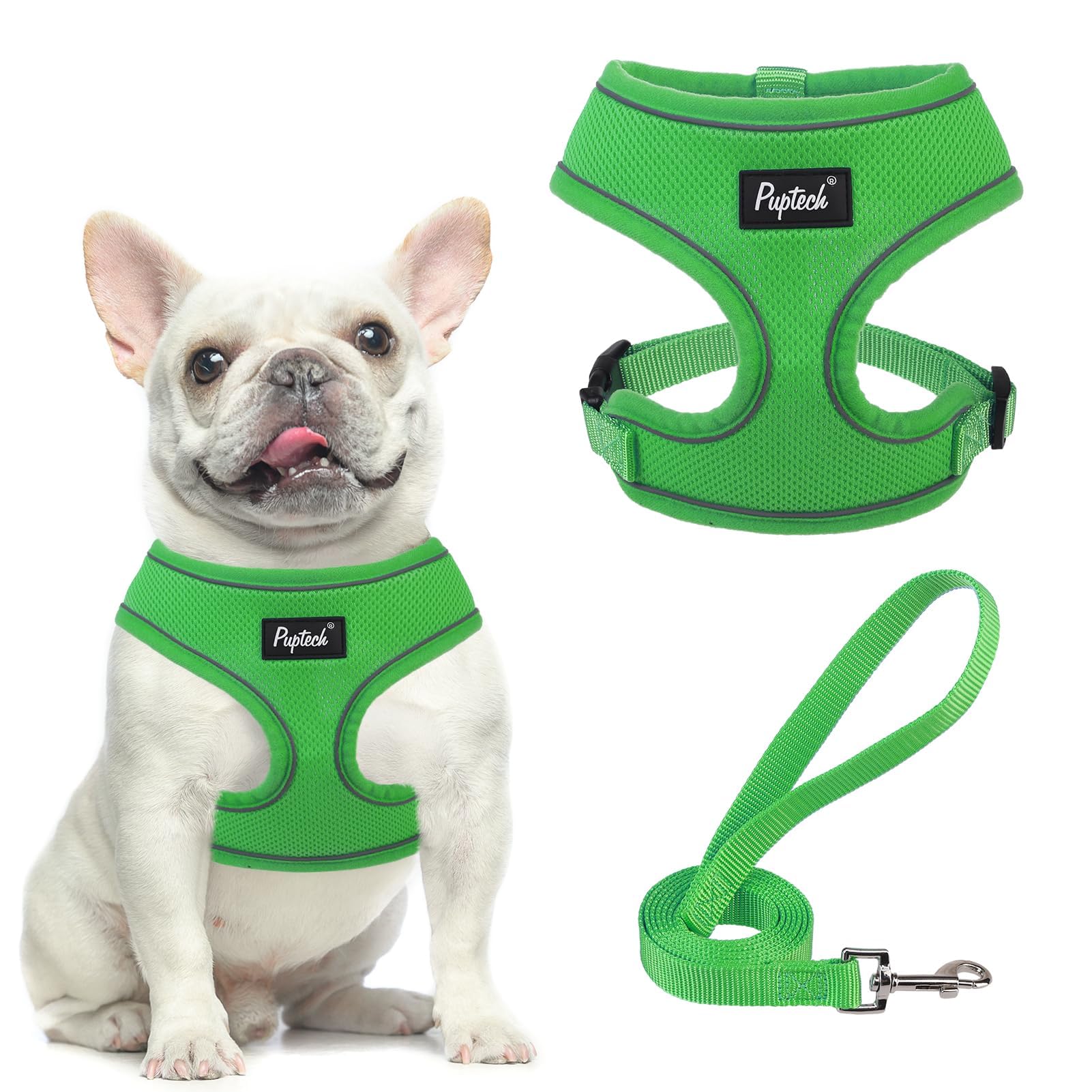 PUPTECK Soft Mesh Dog Harness and Leash Set Pet Puppy Cat Comfort Padded Vest No Pull Harnesses, Solid Green, M