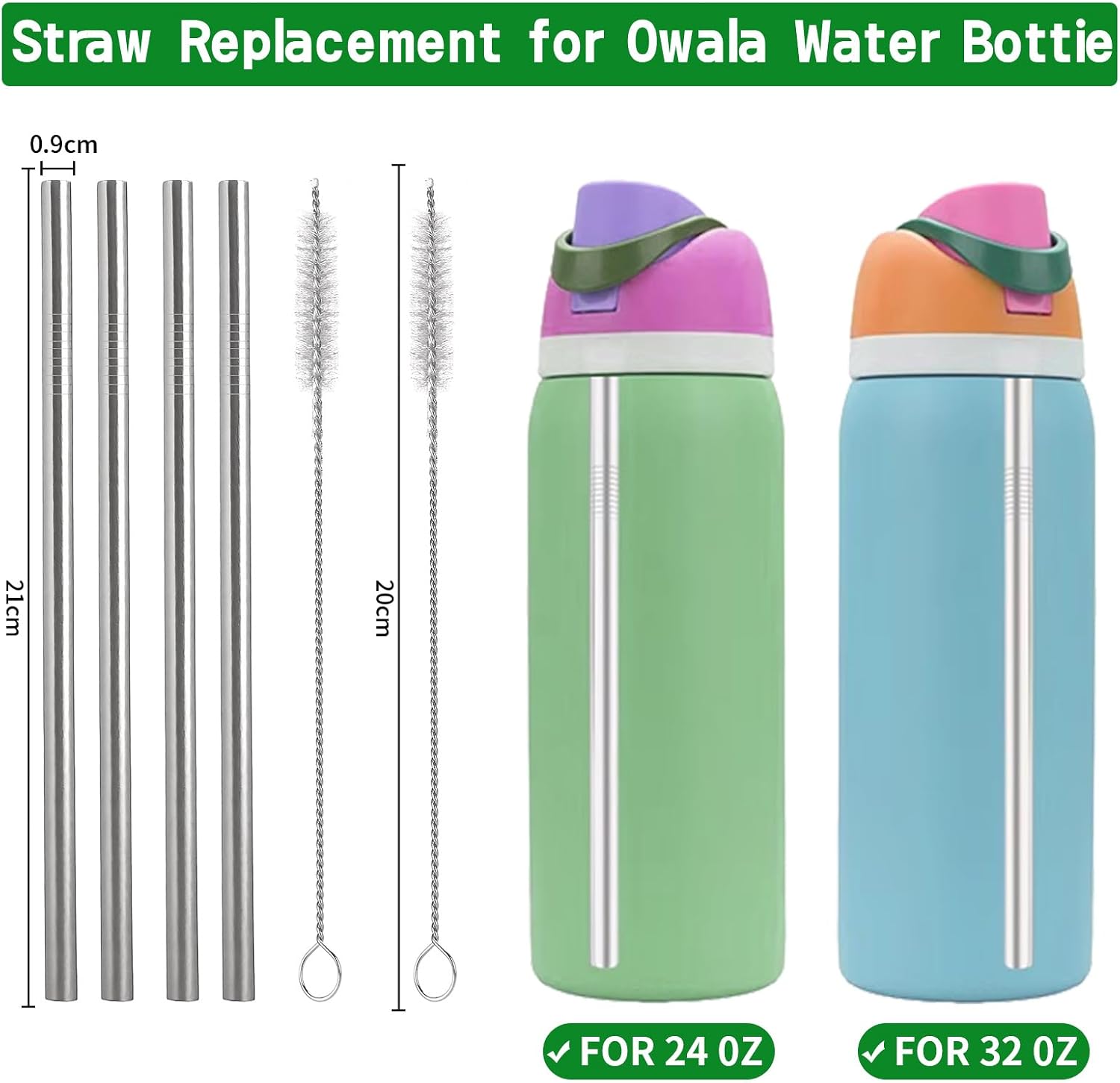 Stainless Steel Straw Set Compatible with Owala 24 oz 32 oz Water Bottle, 4 Piece Replacement Metal Straws With 2 Straw Cleaner