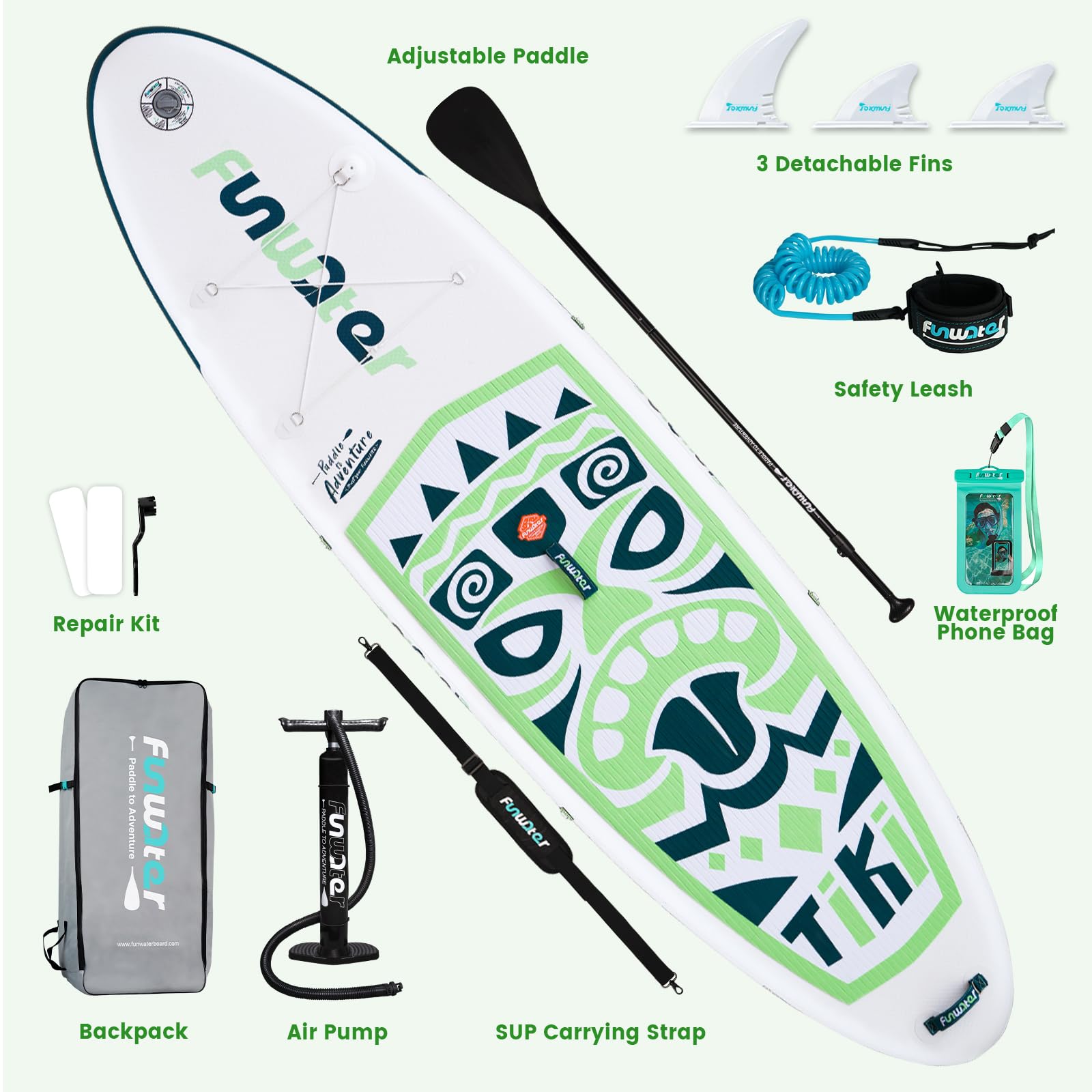 FunWater SUP Gonfiabile Stand Up Paddle Board Tavole da SUP Gonfiabili Adulti Tavola da Surf con Accessori Pompa a Mano,Pagaia,3 Pinne