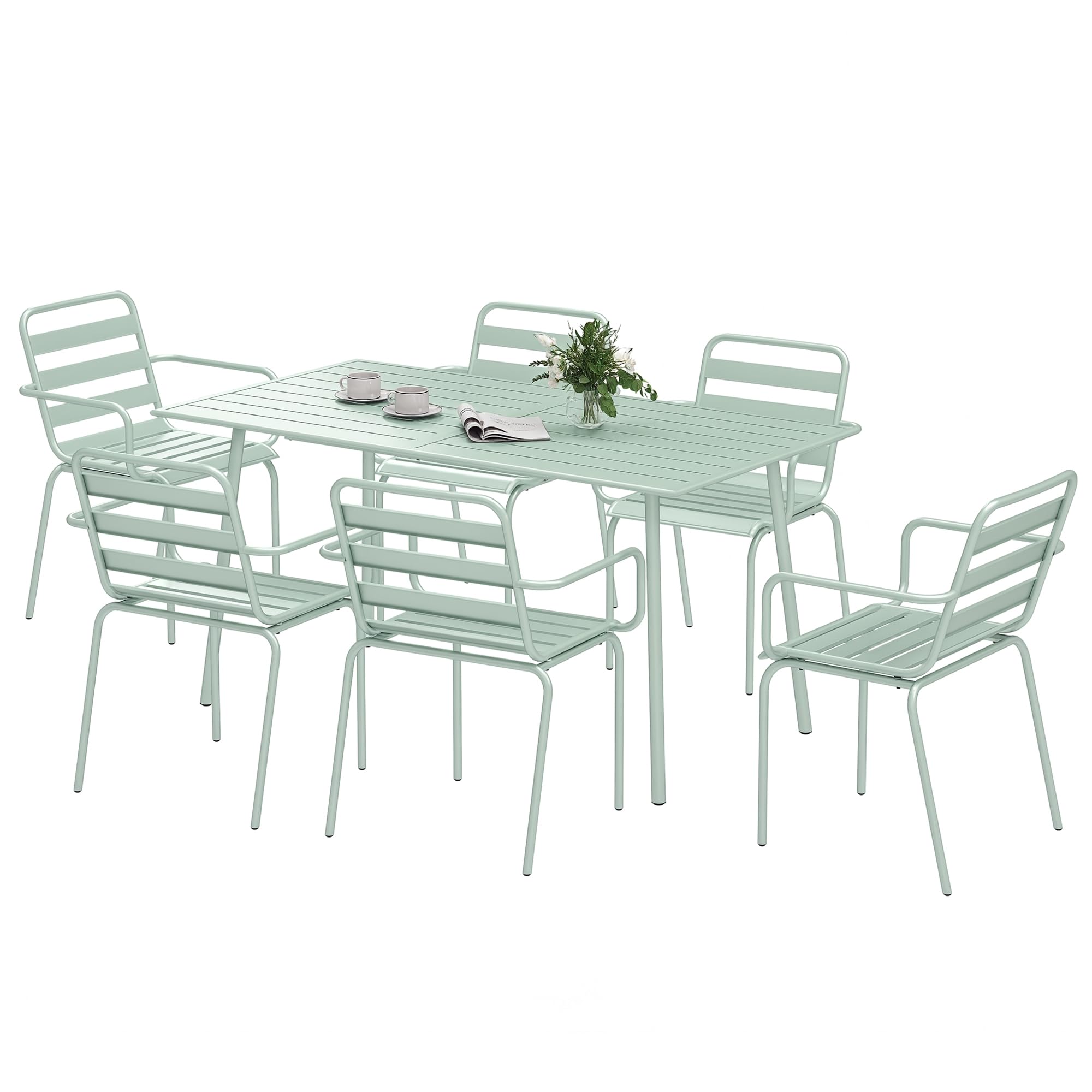 Salon de jardin 7 pièces Outsunny avec 1 table et 6 chaises empilables en acier vert