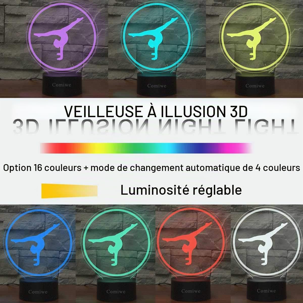 Gymnastique Yoga 3D Illusion Veilleuse Jouets,Décor de Maison LED Lampe de Chevet Table,Tactile & Télécommander 16 Couleurs,Cadeau d'Anniversaire de Noël Pour Filles Enfants Amis et Famille