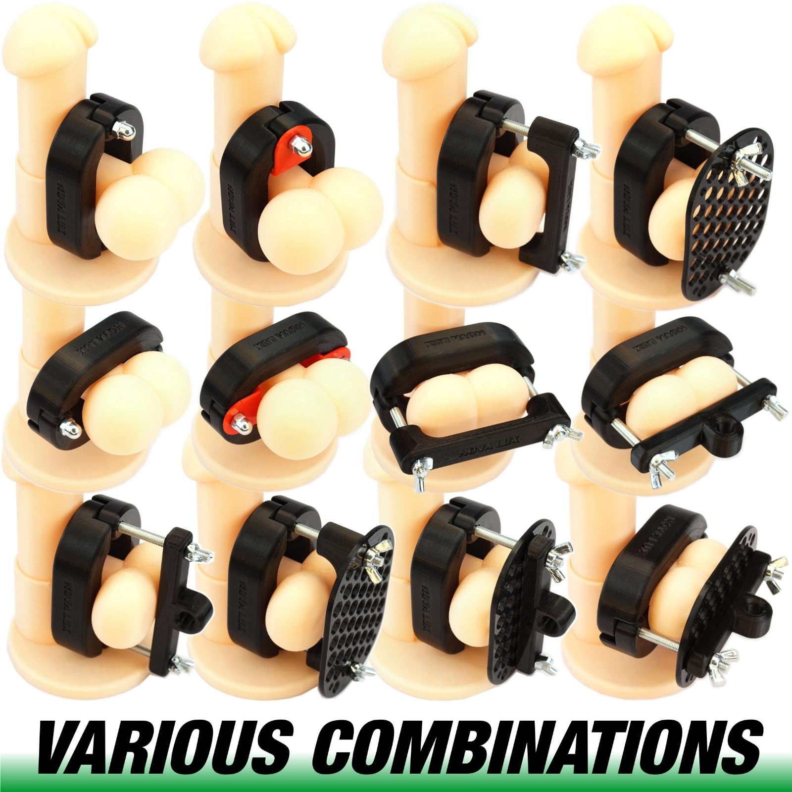 GRIP-MAX-RANGER, pince pour scrotum, set avec anneau de serrage Crusher, harnais, cage d'érection pour testicules et scrotum de Nova Lux, CBT