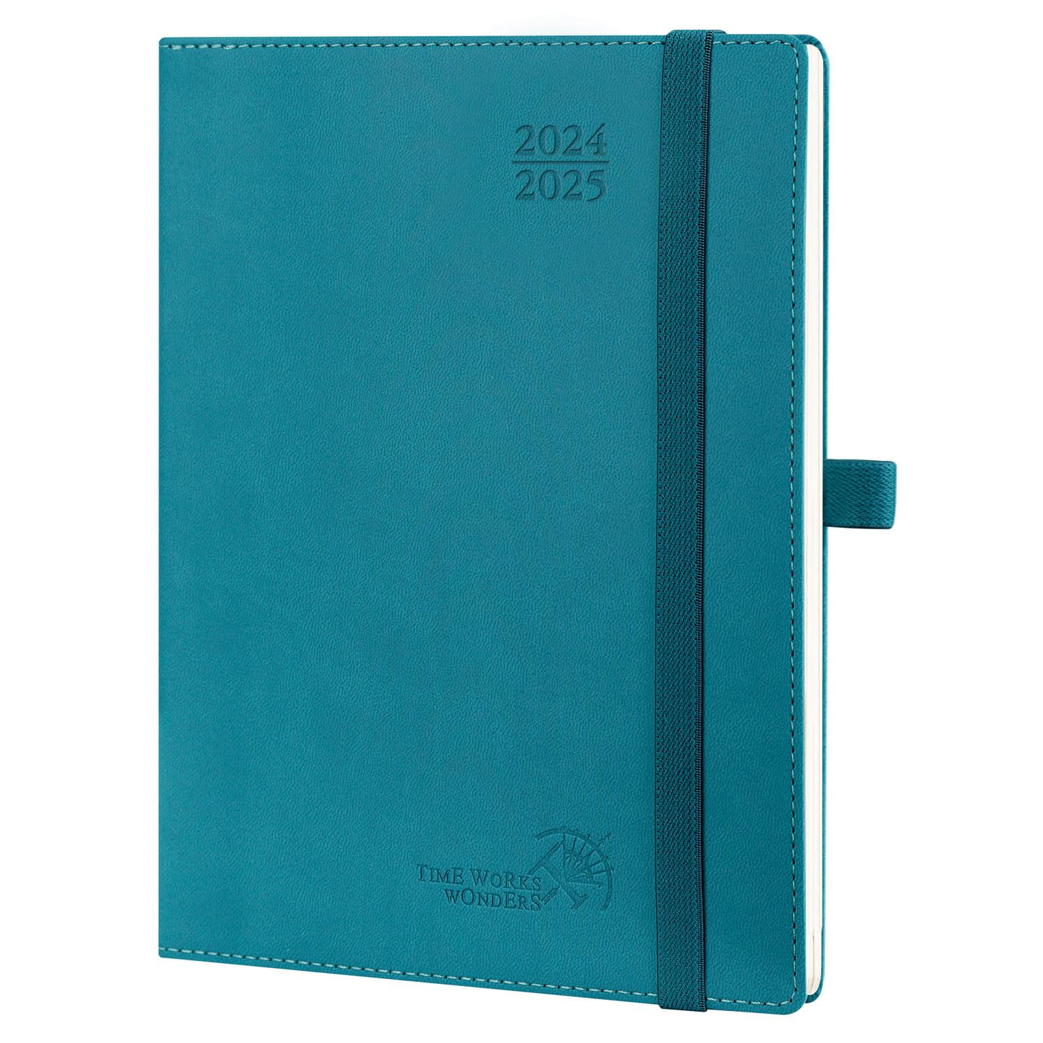 POPRUN Agenda 2024 2025 Semana Vista 22 x 16,5 cm, Agenda Semanal 17 Meses de Ago.2024 a Dic.2025, Tapa Blanda, Porta Boligrafos Autoadhesivo, 80 GSM Papel Certificado, Verde Pacífico