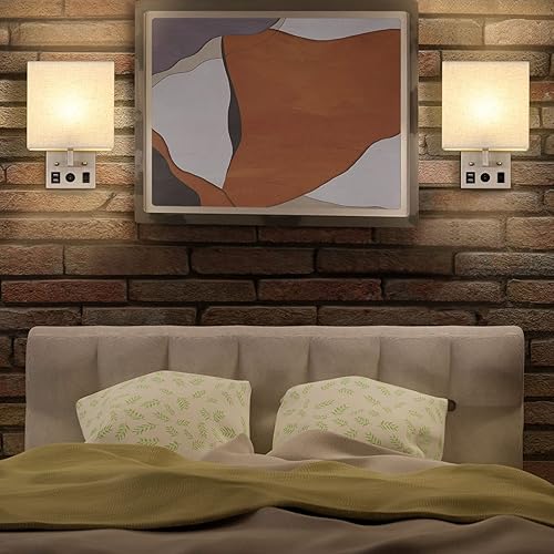 Miniatura 7 de BTY Juego de 2 apliques de pared modernos, lámparas de pared para dormitorio, enchufe con puertos de carga USB, apliques de enchufe de CA,