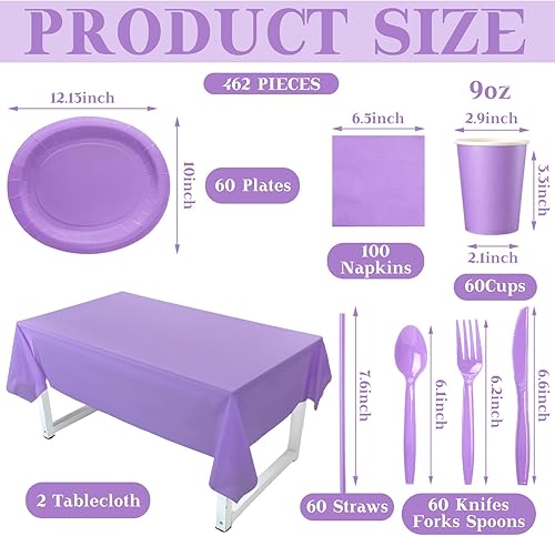 Miniatura 3 de Tioncy Juego de 462 piezas de suministros para fiesta, platos de papel para 60 invitados, vajilla desechable, juego de fiesta con cubierta de mesa