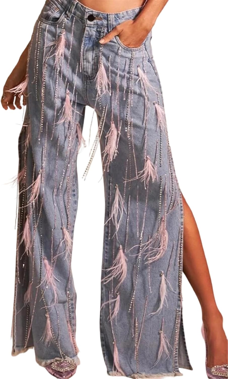 Women's Rhinestones Fringer Baggy Jeans Diamond Feather Tassel High Waisted Slit Stright Leg Y2k Denim Pants